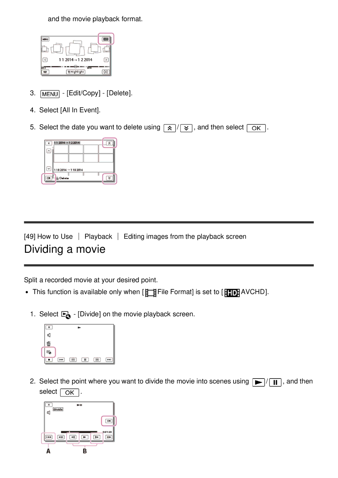 Sony HDR-CX900E, FDR-AX100E manual Dividing a movie 