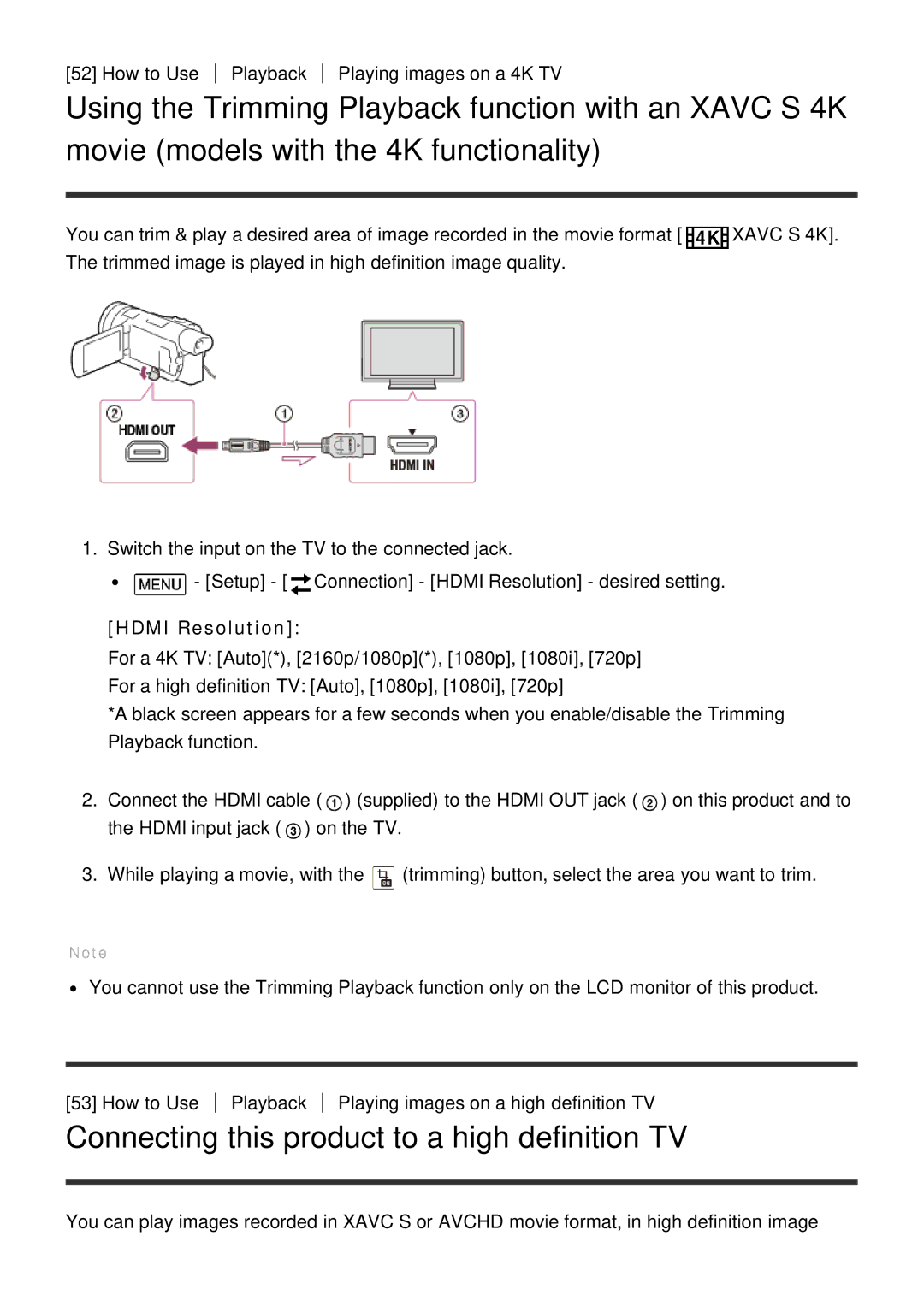 Sony HDR-CX900E, FDR-AX100E manual Connecting this product to a high definition TV, Hdmi Resolution 