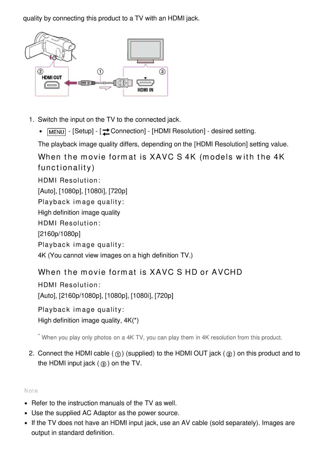 Sony HDR-CX900E, FDR-AX100E manual When the movie format is Xavc S HD or Avchd, Playback image quality 