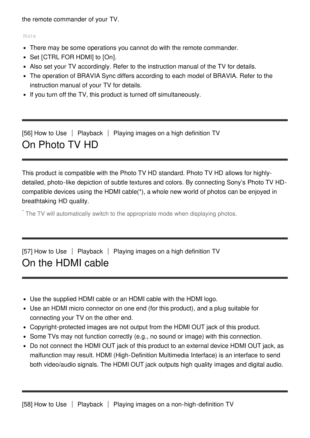 Sony HDR-CX900E, FDR-AX100E manual On Photo TV HD, On the Hdmi cable 