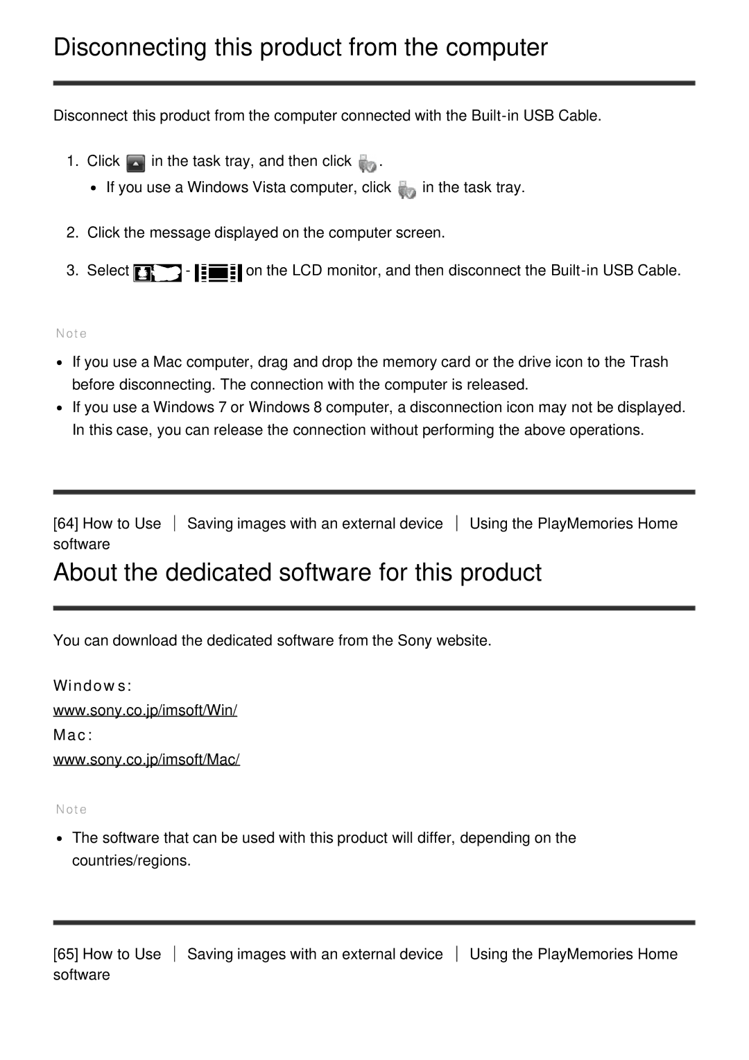 Sony HDR-CX900E Disconnecting this product from the computer, About the dedicated software for this product, Windows Mac 