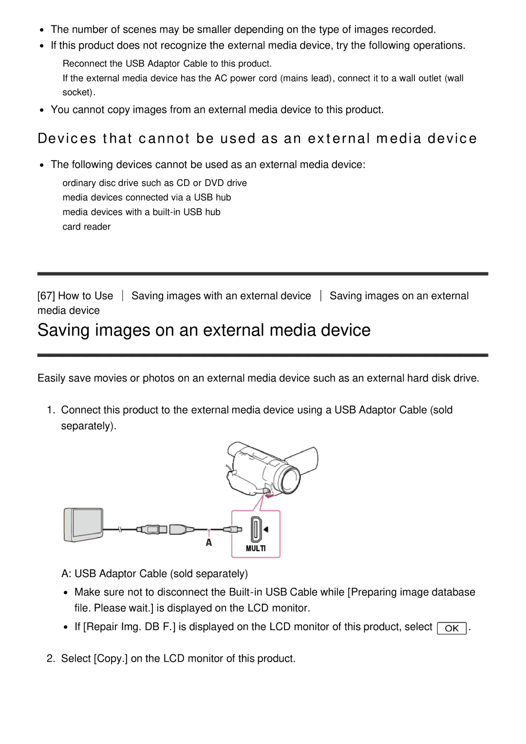 Sony FDR-AX100E manual Saving images on an external media device, Devices that cannot be used as an external media device 