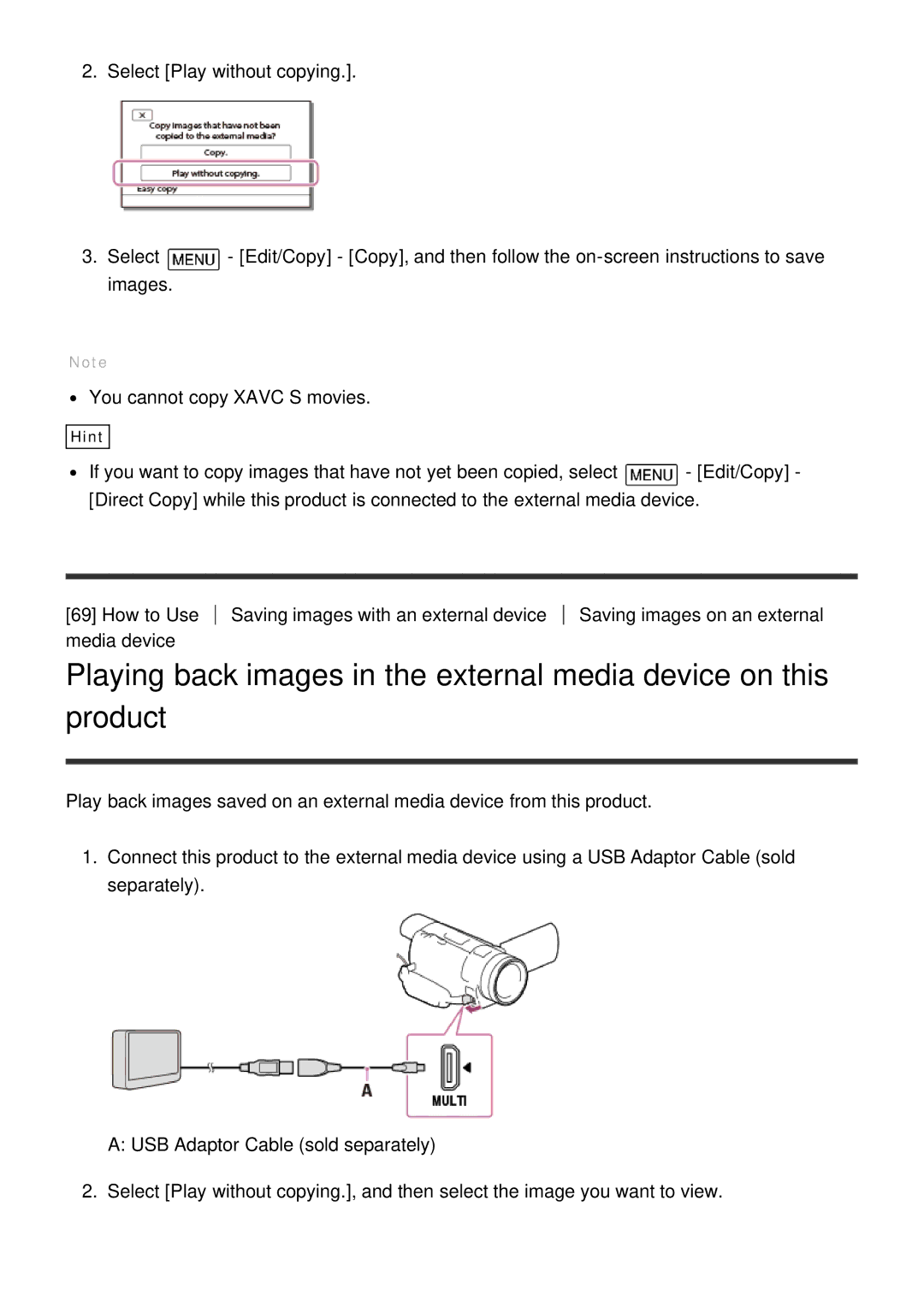 Sony HDR-CX900E, FDR-AX100E manual Hint 