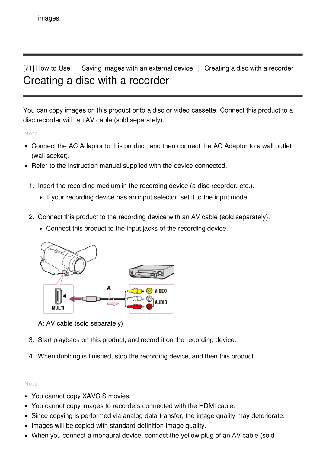 Sony FDR-AX100E, HDR-CX900E manual Creating a disc with a recorder 