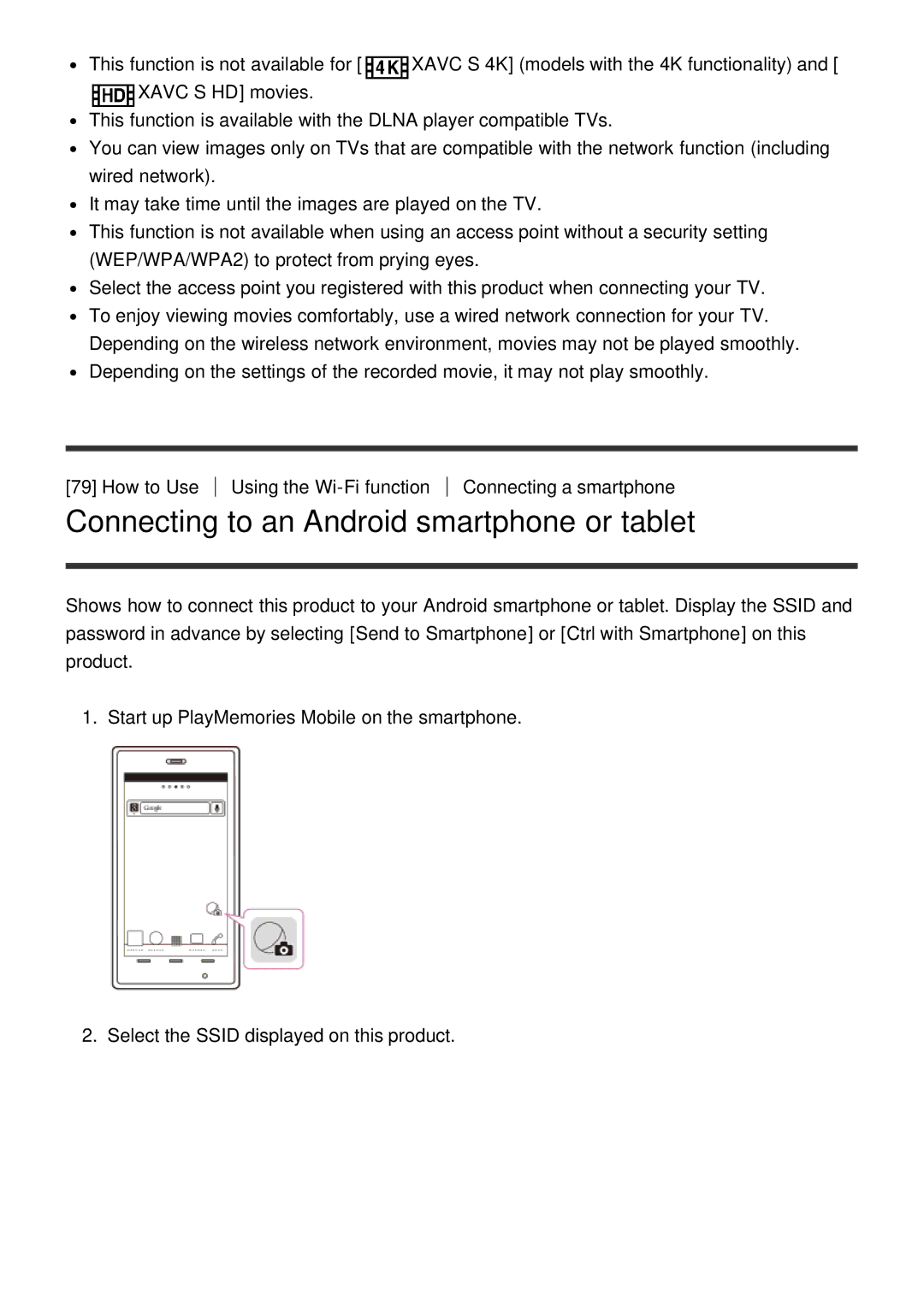 Sony HDR-CX900E, FDR-AX100E manual Connecting to an Android smartphone or tablet 