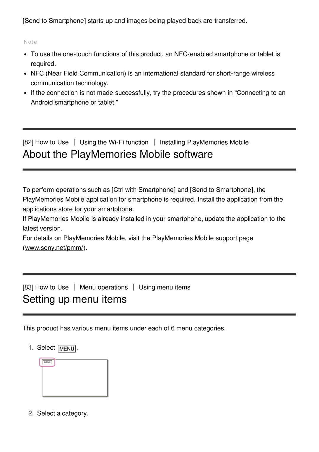 Sony HDR-CX900E, FDR-AX100E manual About the PlayMemories Mobile software, Setting up menu items 