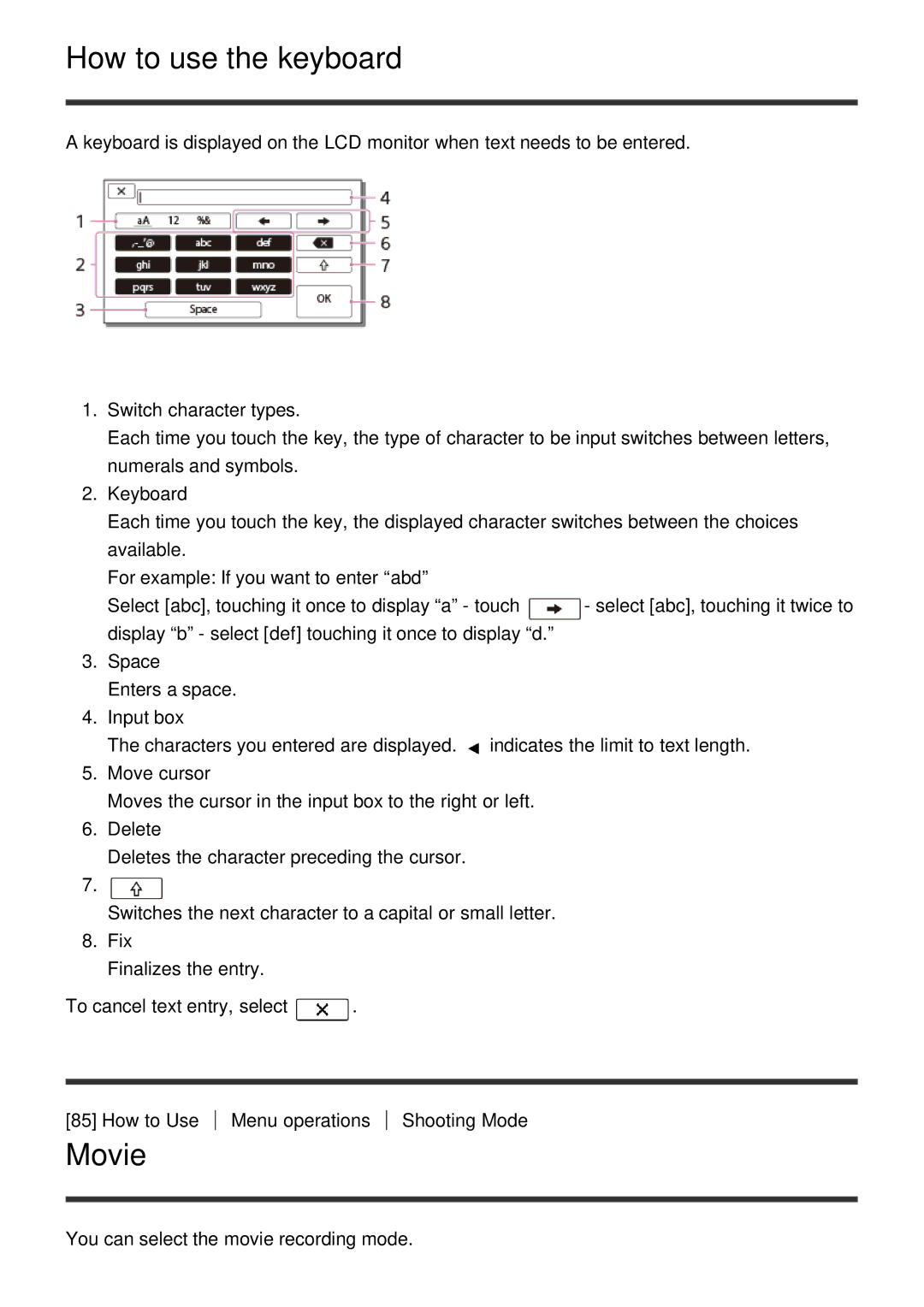 Sony FDR-AX100E, HDR-CX900E manual How to use the keyboard, Movie 