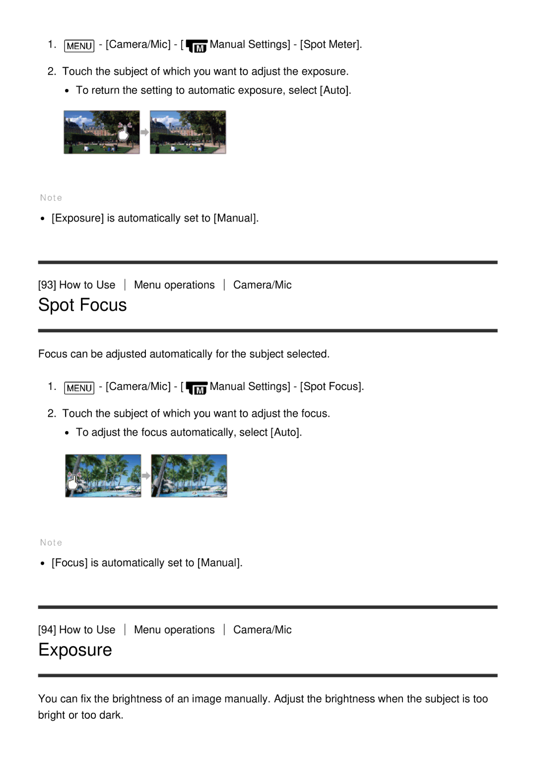 Sony HDR-CX900E, FDR-AX100E manual Spot Focus, Exposure 