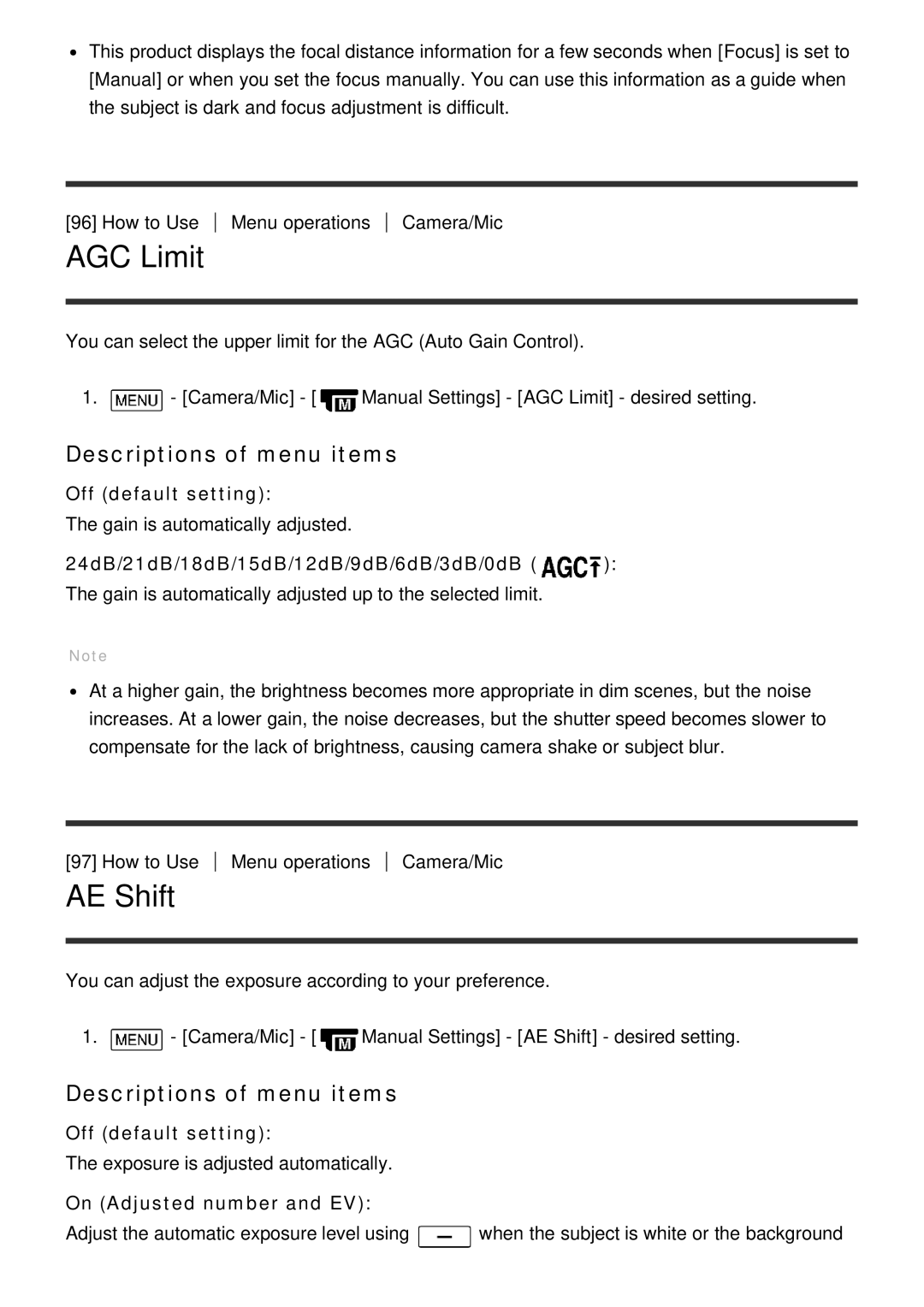 Sony FDR-AX100E, HDR-CX900E manual AGC Limit, AE Shift, Off default setting, 24dB/21dB/18dB/15dB/12dB/9dB/6dB/3dB/0dB 