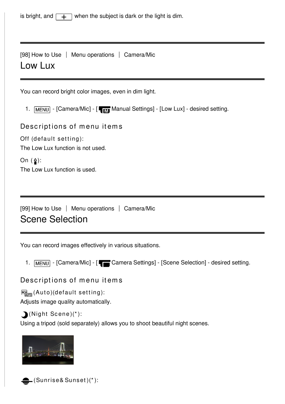 Sony HDR-CX900 Low Lux, Scene Selection, Autodefault setting, Night Scene, Sunrise&Sunset, Descriptions of menu items 