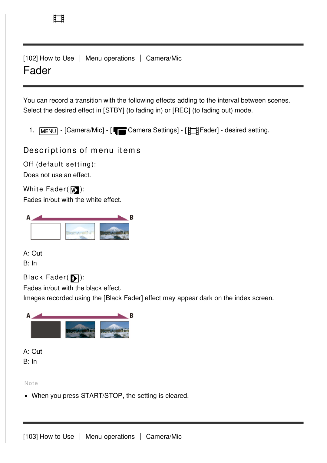 Sony HDR-CX900E, FDR-AX100E manual White Fader, Black Fader, Descriptions of menu items, Off default setting 