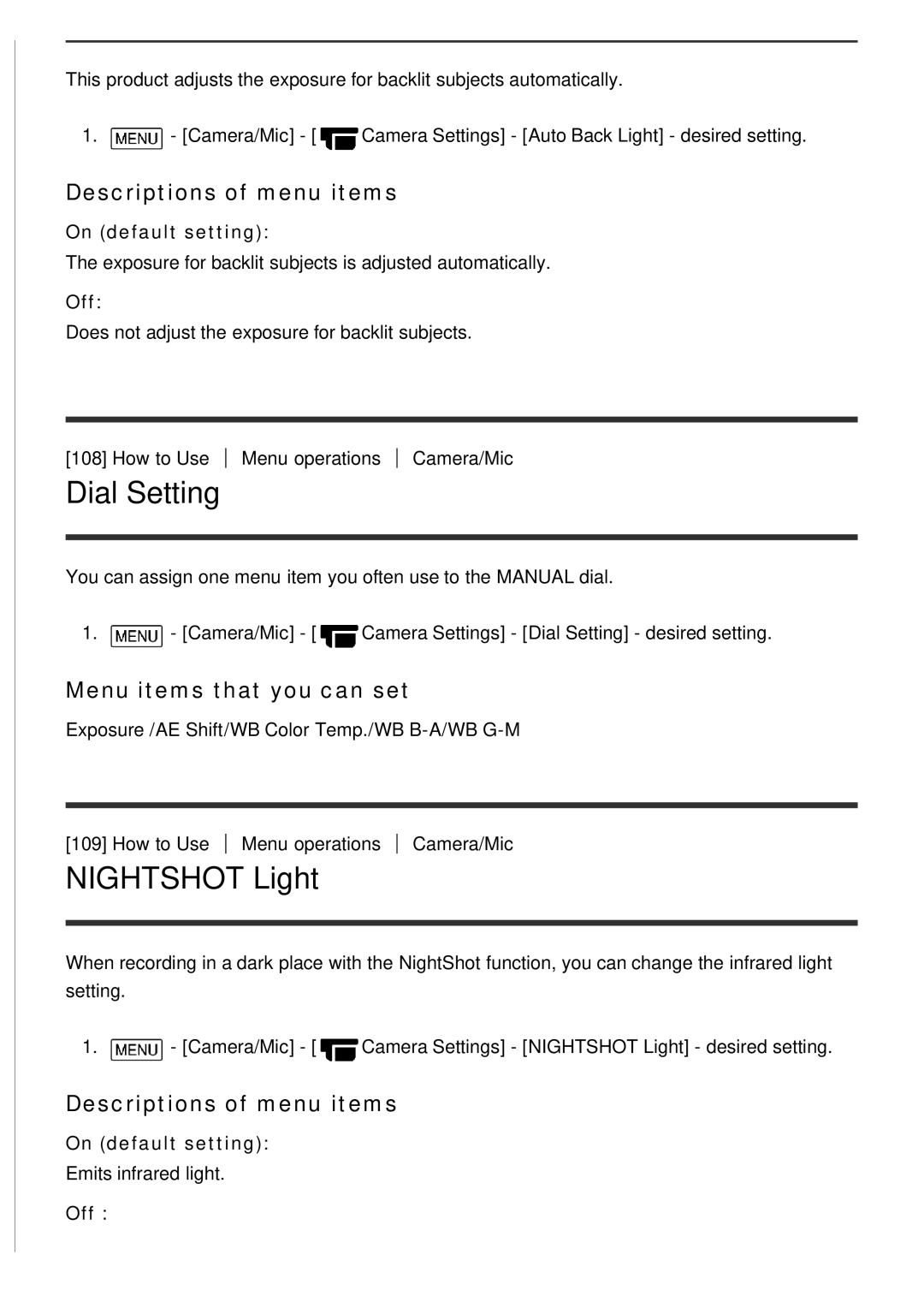 Sony FDR-AX100E Dial Setting, NIGHTSHOT Light, Menu items that you can set, Descriptions of menu items, On default setting 