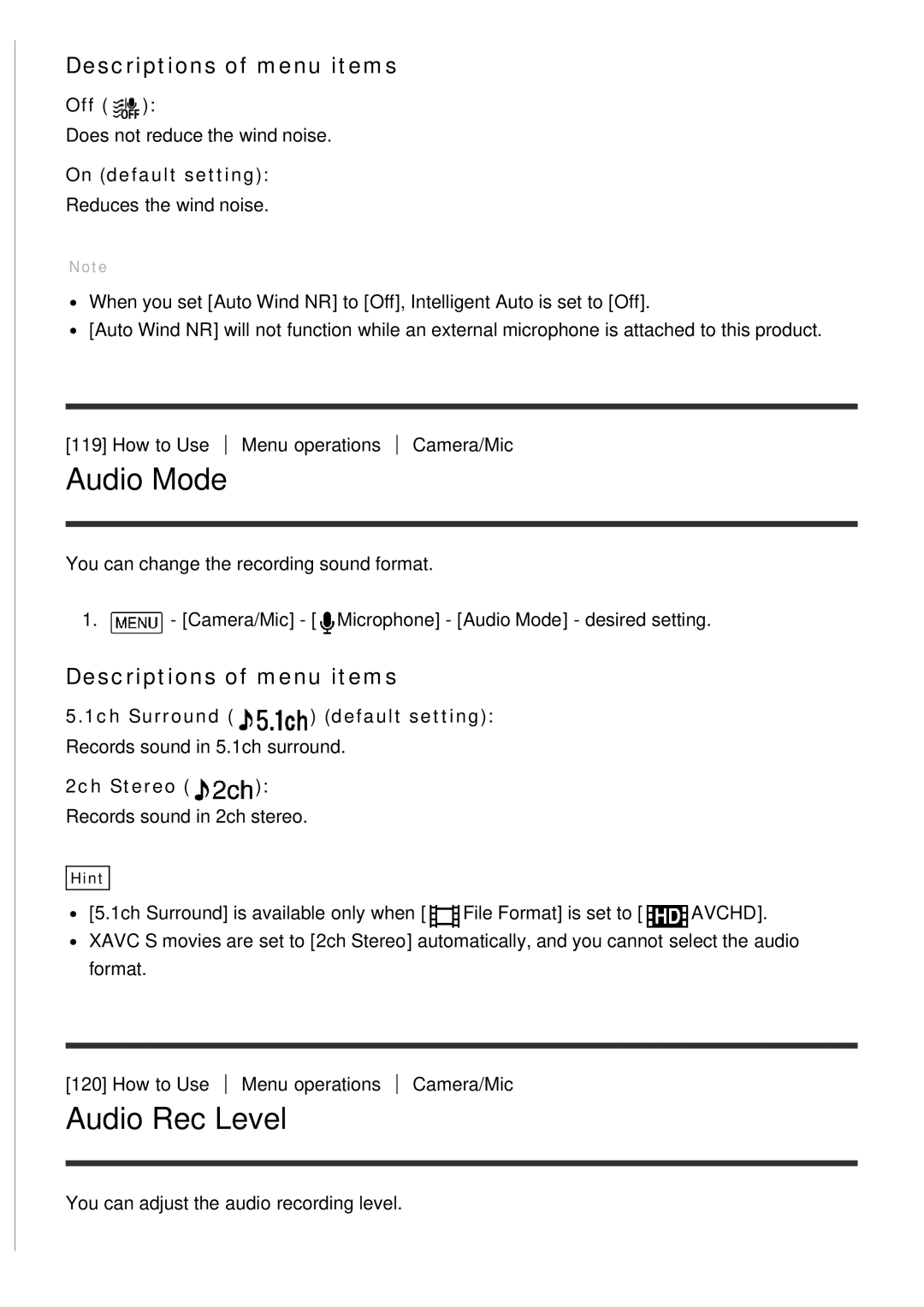 Sony HDR-CX900E manual Audio Mode, Audio Rec Level, 5.1ch Surround default setting, 2ch Stereo, Descriptions of menu items 