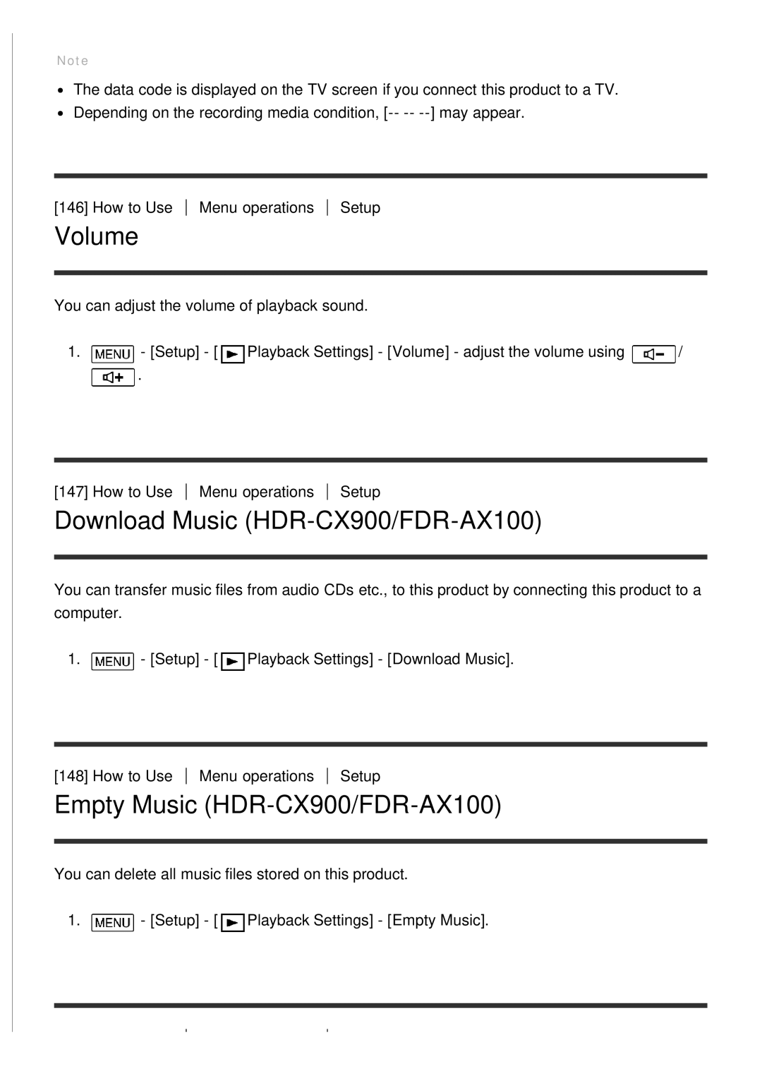Sony HDR-CX900E, FDR-AX100E manual Volume, Download Music HDR-CX900/FDR-AX100, Empty Music HDR-CX900/FDR-AX100 