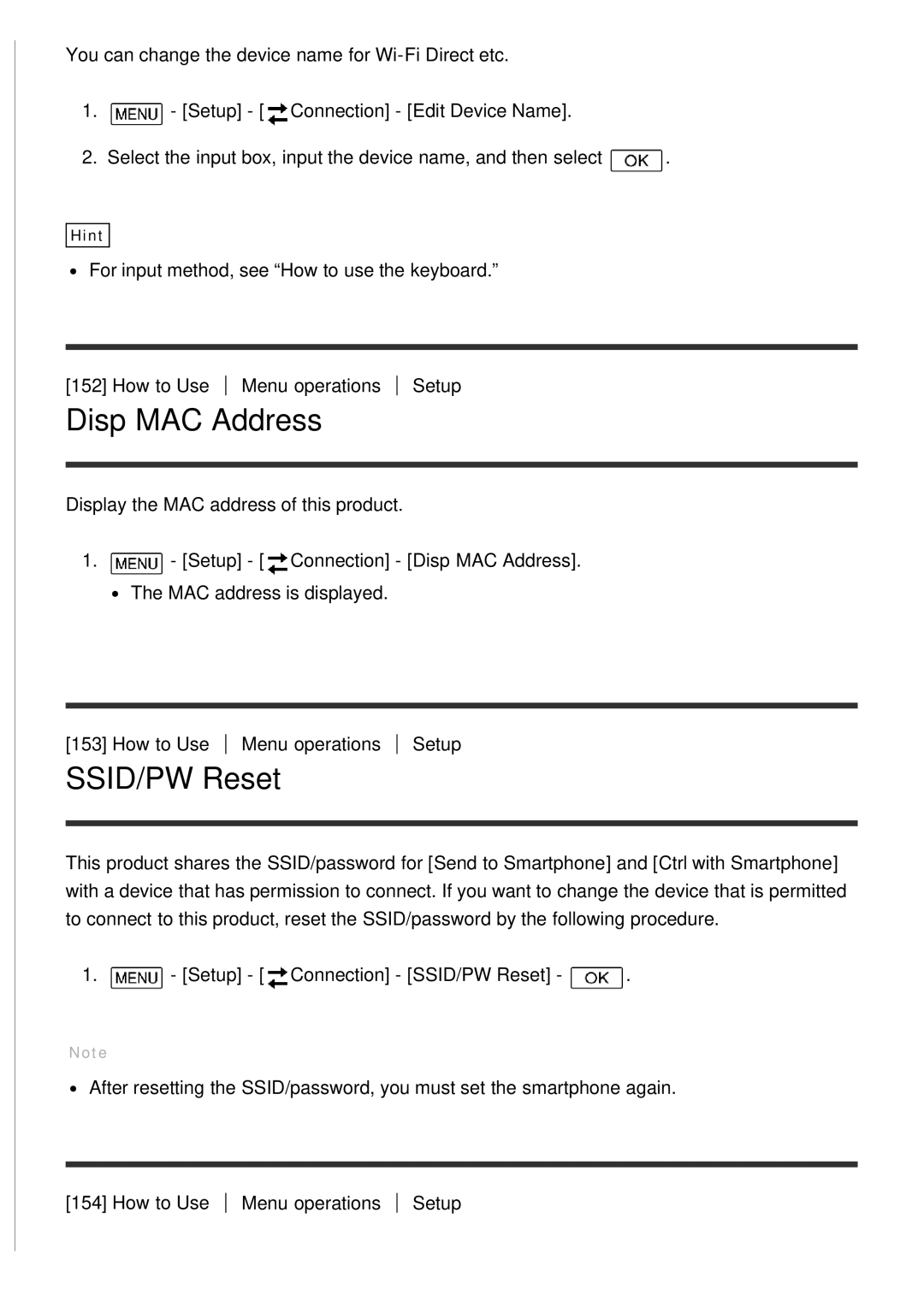 Sony HDR-CX900E, FDR-AX100E manual Disp MAC Address, SSID/PW Reset 