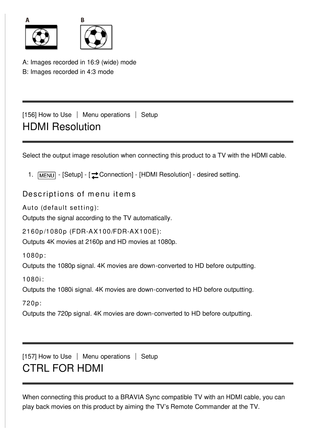 Sony manual HDMI Resolution, Ctrl For Hdmi, 2160p/1080p FDR-AX100/FDR-AX100E, 1080i, 720p, Descriptions of menu items 