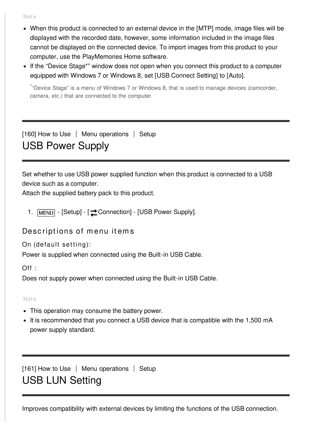 Sony HDR-CX900E, FDR-AX100E manual USB Power Supply, USB LUN Setting, Descriptions of menu items, On default setting 