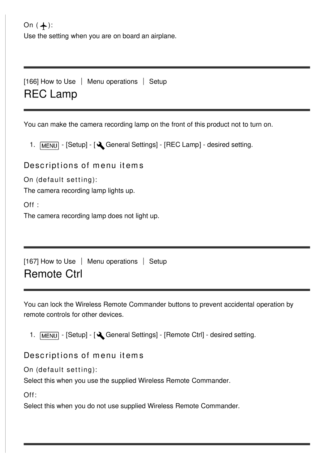 Sony FDR-AX100E, HDR-CX900E manual REC Lamp, Remote Ctrl, Descriptions of menu items, On default setting 
