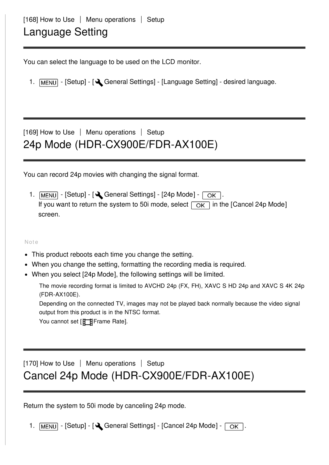 Sony manual Language Setting, Cancel 24p Mode HDR-CX900E/FDR-AX100E 