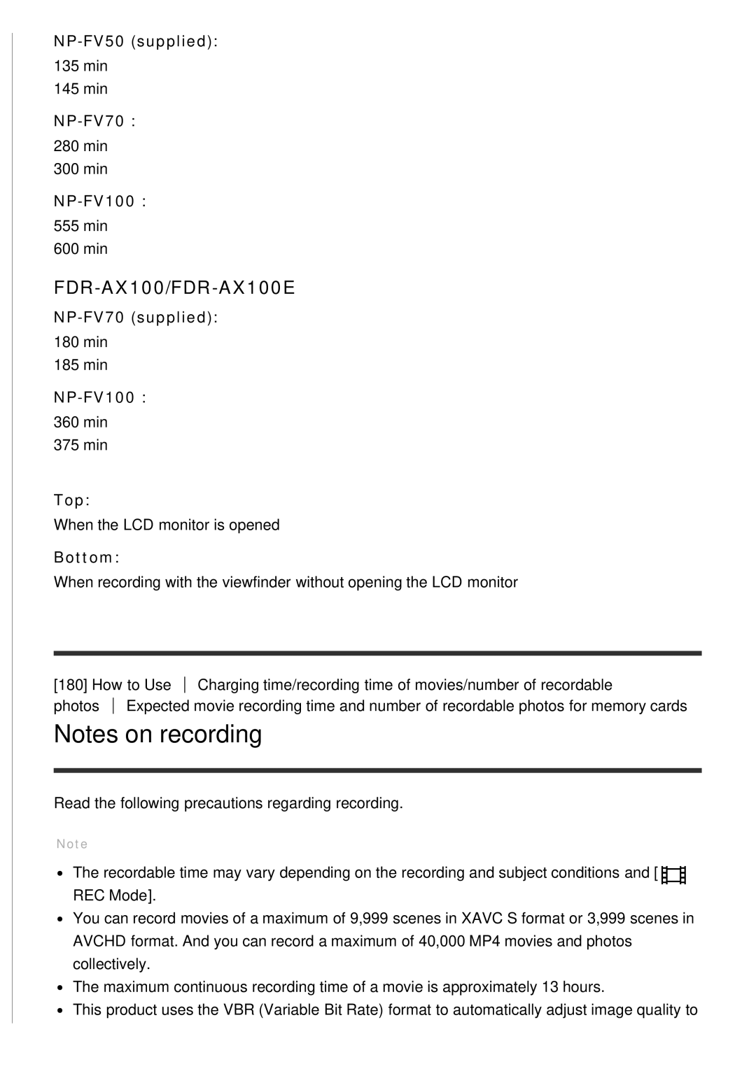 Sony HDR-CX900 manual Notes on recording, FDR-AX100/FDR-AX100E, NP-FV50 supplied, NP-FV70 supplied, NP-FV100, Bottom 