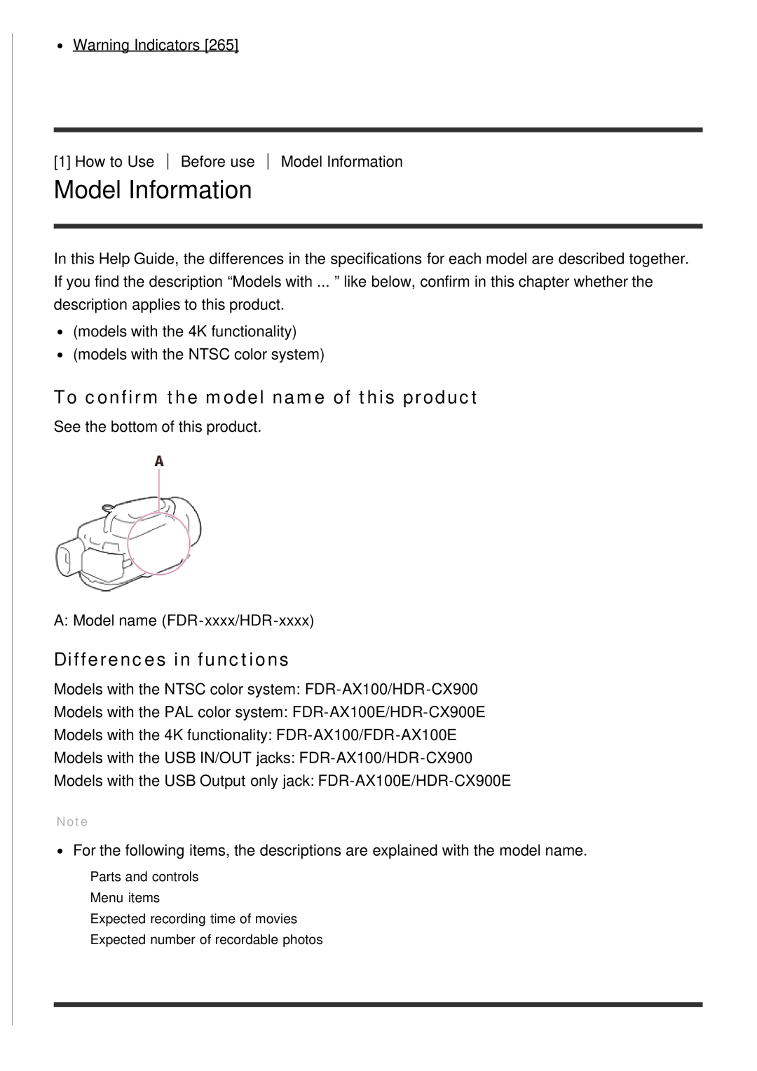 Sony FDR-AX100E, HDR-CX900 manual Model Information, To confirm the model name of this product, Differences in functions 