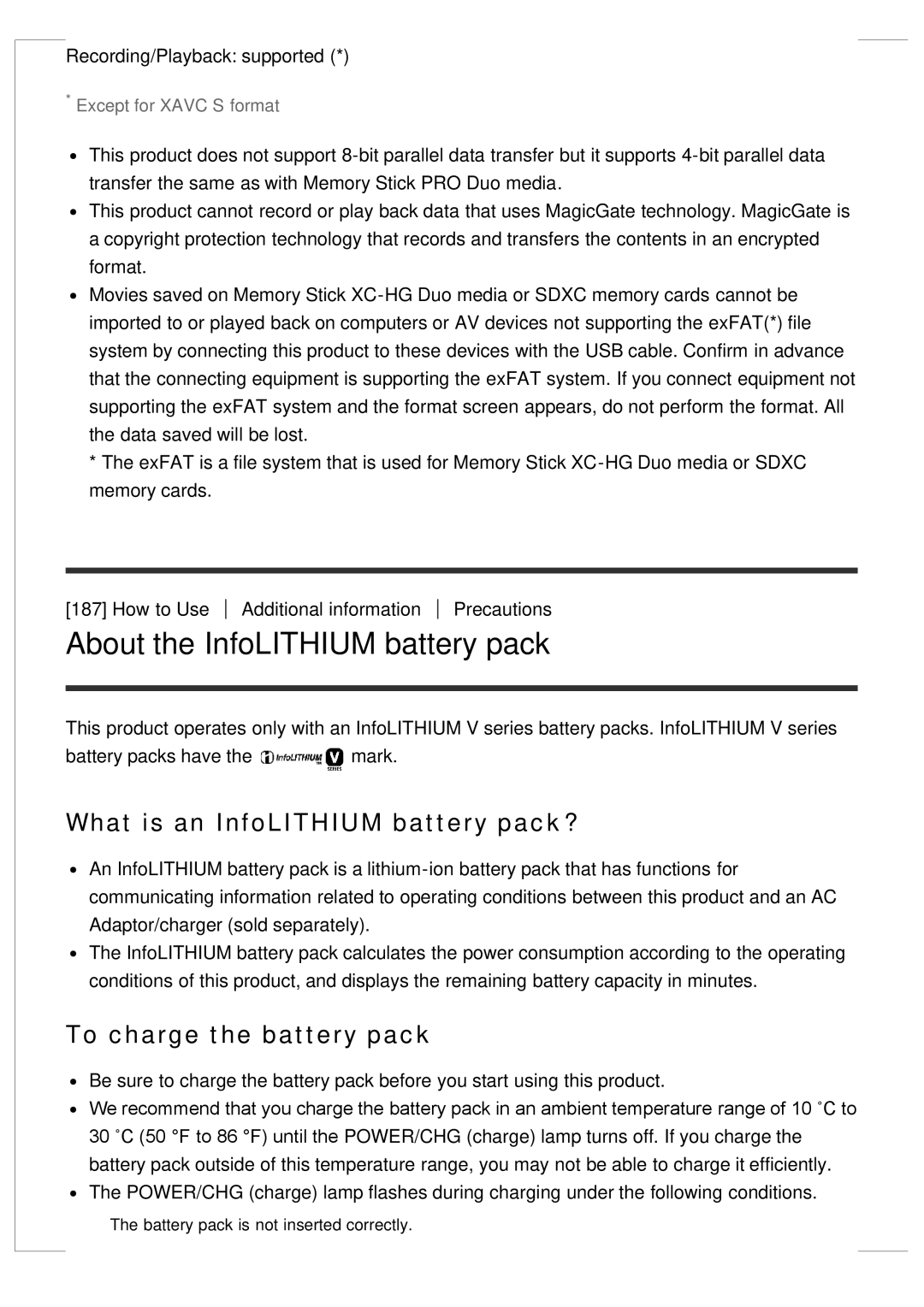 Sony FDR-AX100 manual About the InfoLITHIUM battery pack, What is an InfoLITHIUM battery pack?, To charge the battery pack 
