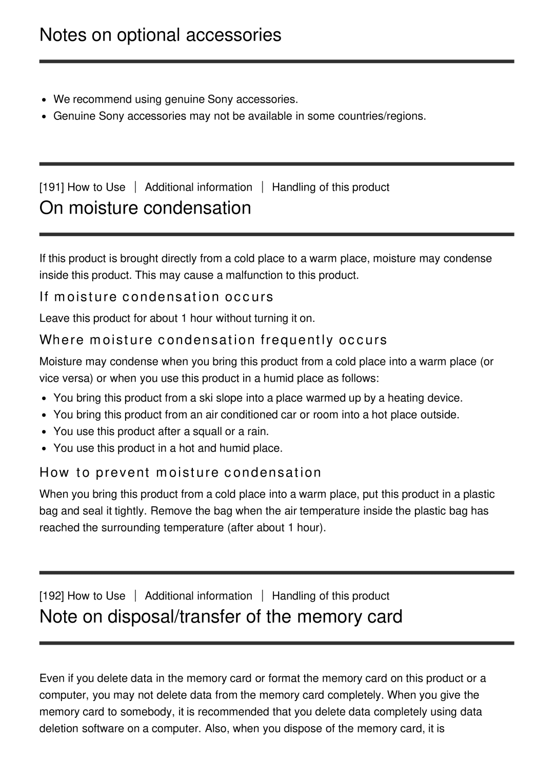 Sony HDR-CX900 manual Notes on optional accessories, On moisture condensation, Note on disposal/transfer of the memory card 