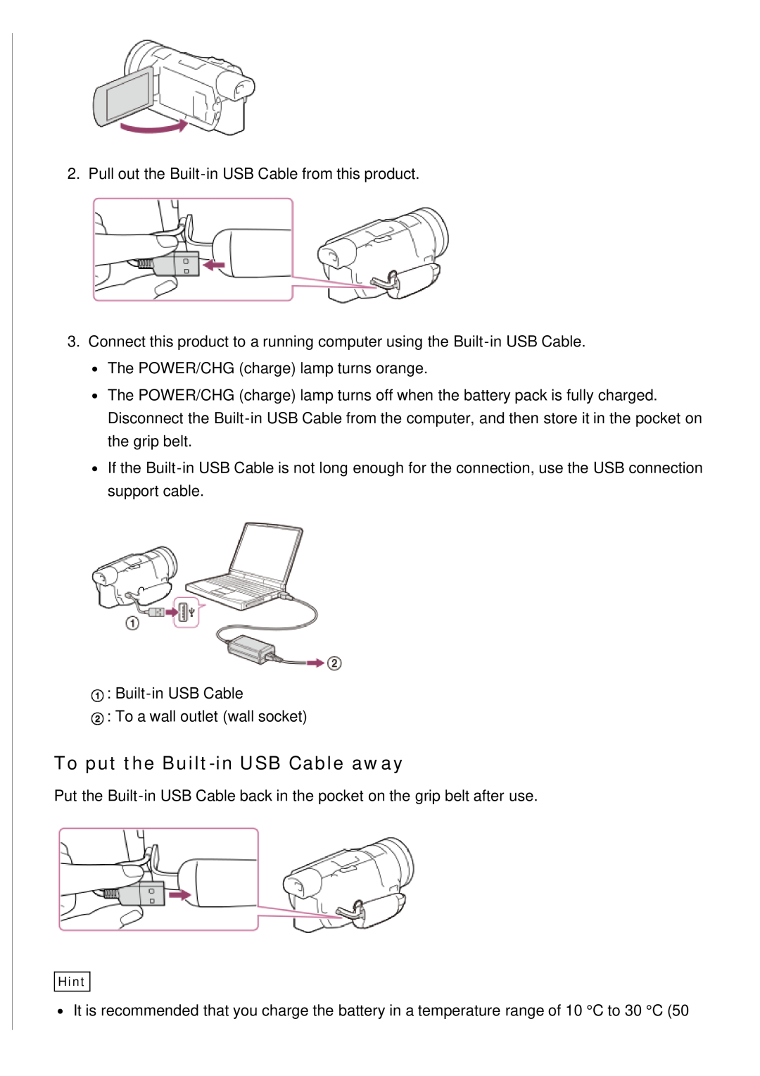 Sony HDR-CX900E, FDR-AX100E manual To put the Built-in USB Cable away 