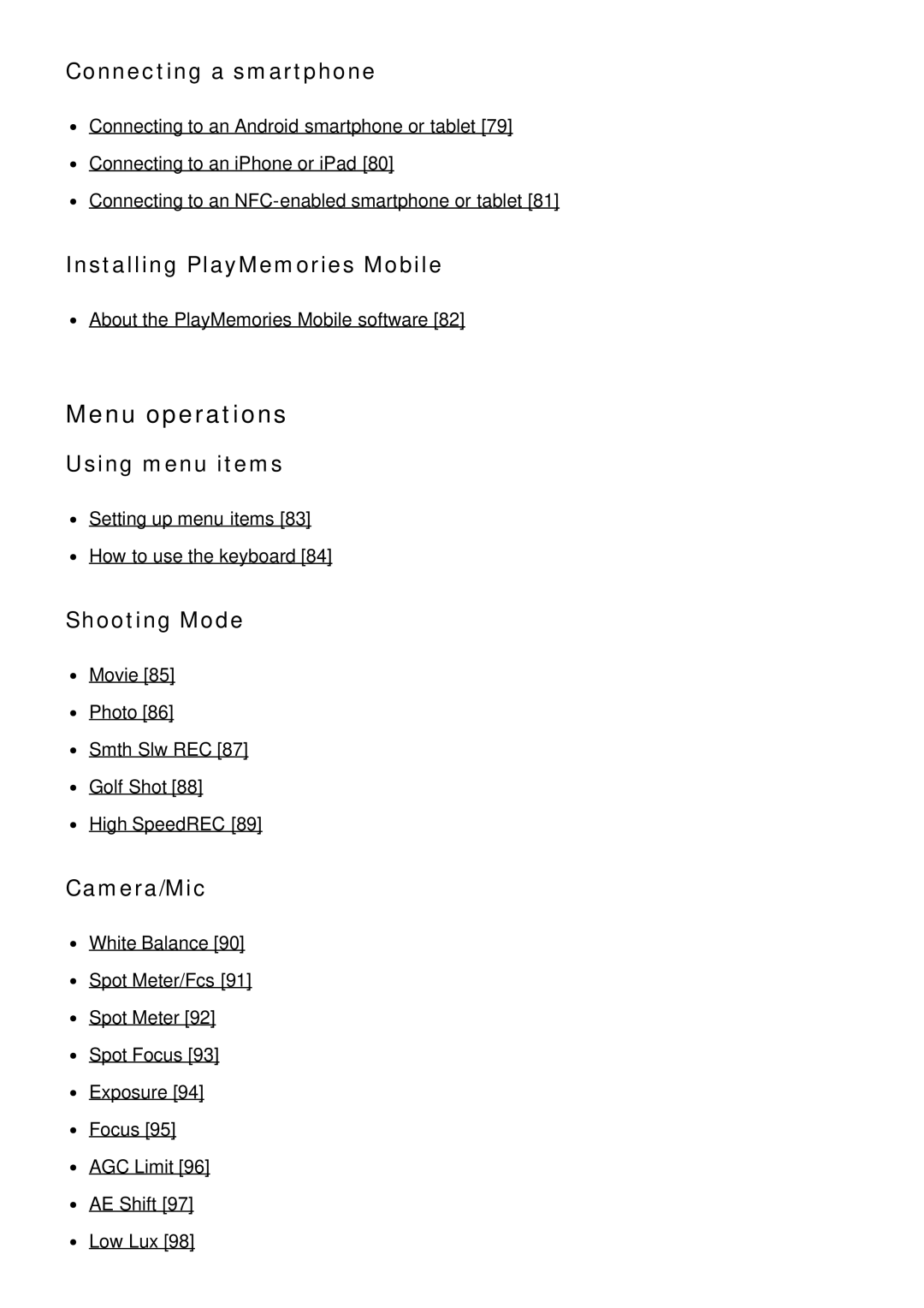 Sony FDR-AX100 Menu operations, Connecting a smartphone, Installing PlayMemories Mobile, Using menu items, Shooting Mode 