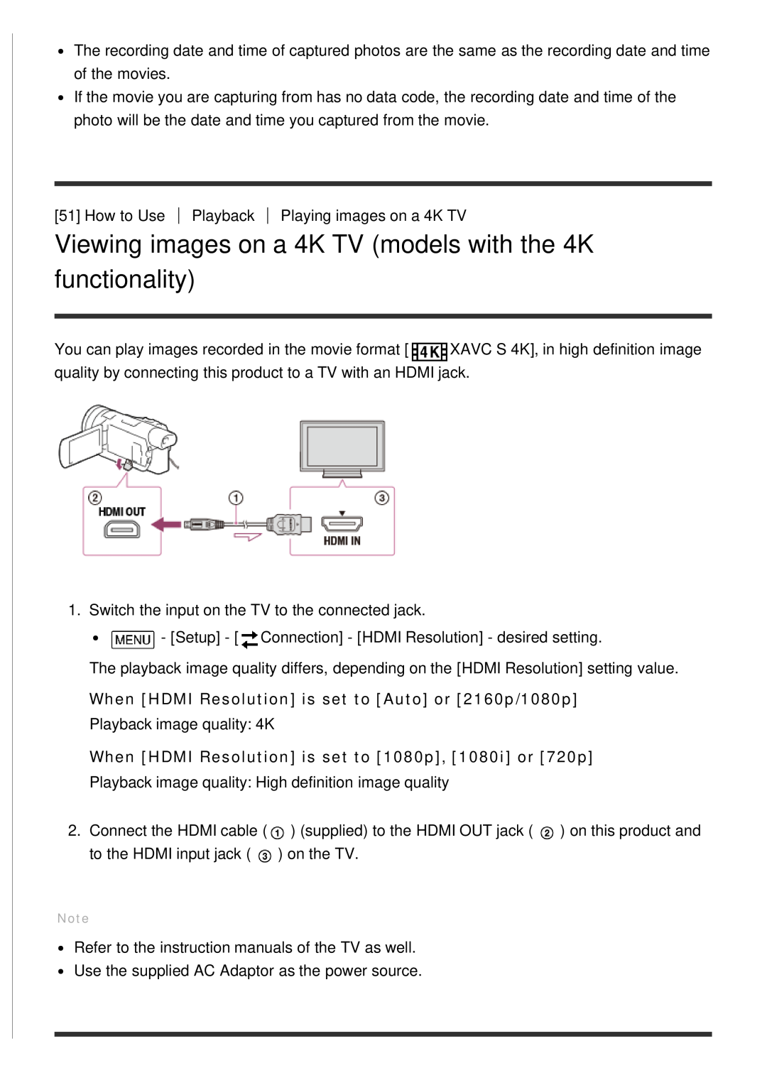 Sony HDR-CX900E, FDR-AX100E manual Viewing images on a 4K TV models with the 4K functionality 