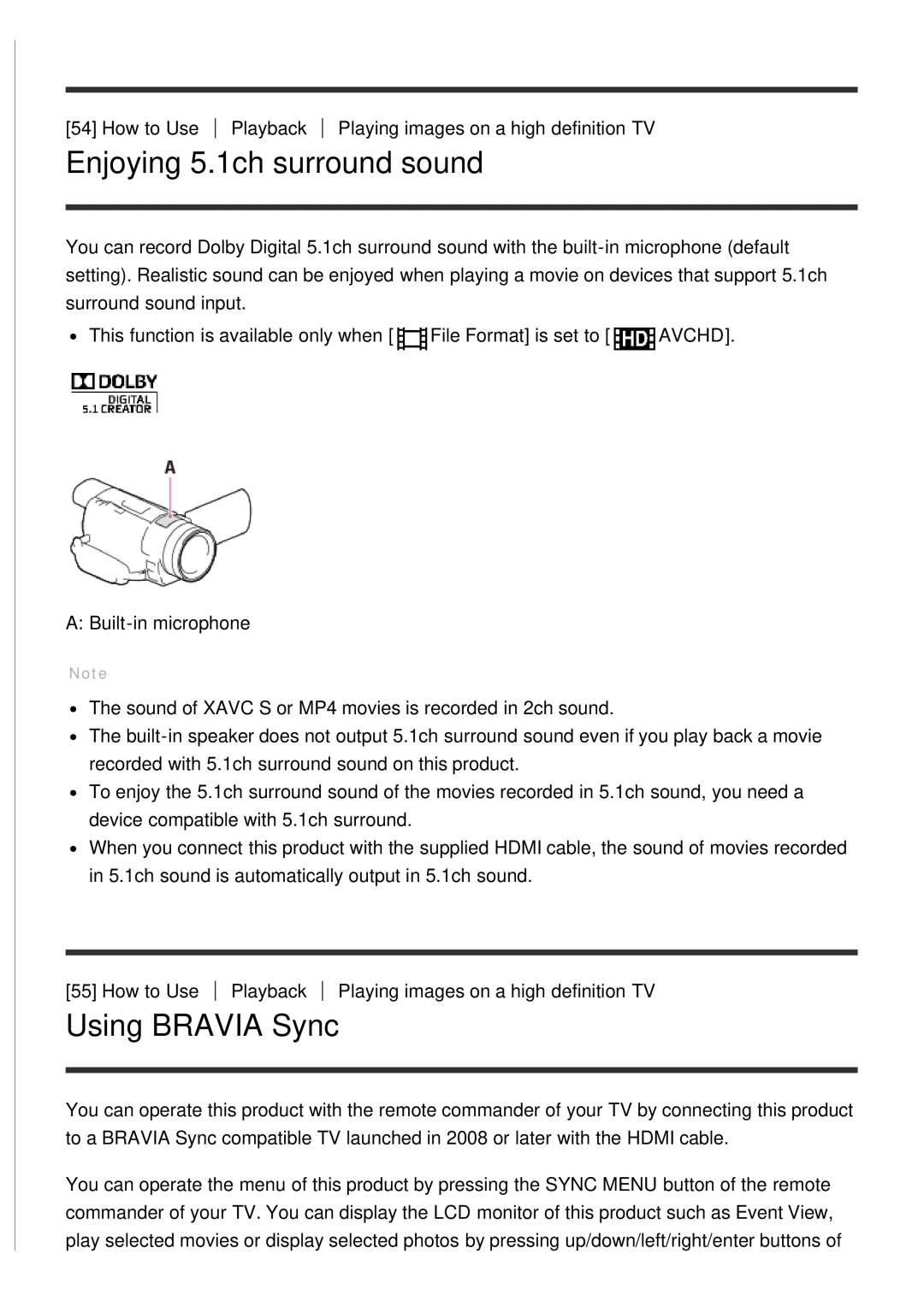 Sony FDR-AX100E, HDR-CX900E manual Enjoying 5.1ch surround sound, Using BRAVIA Sync 