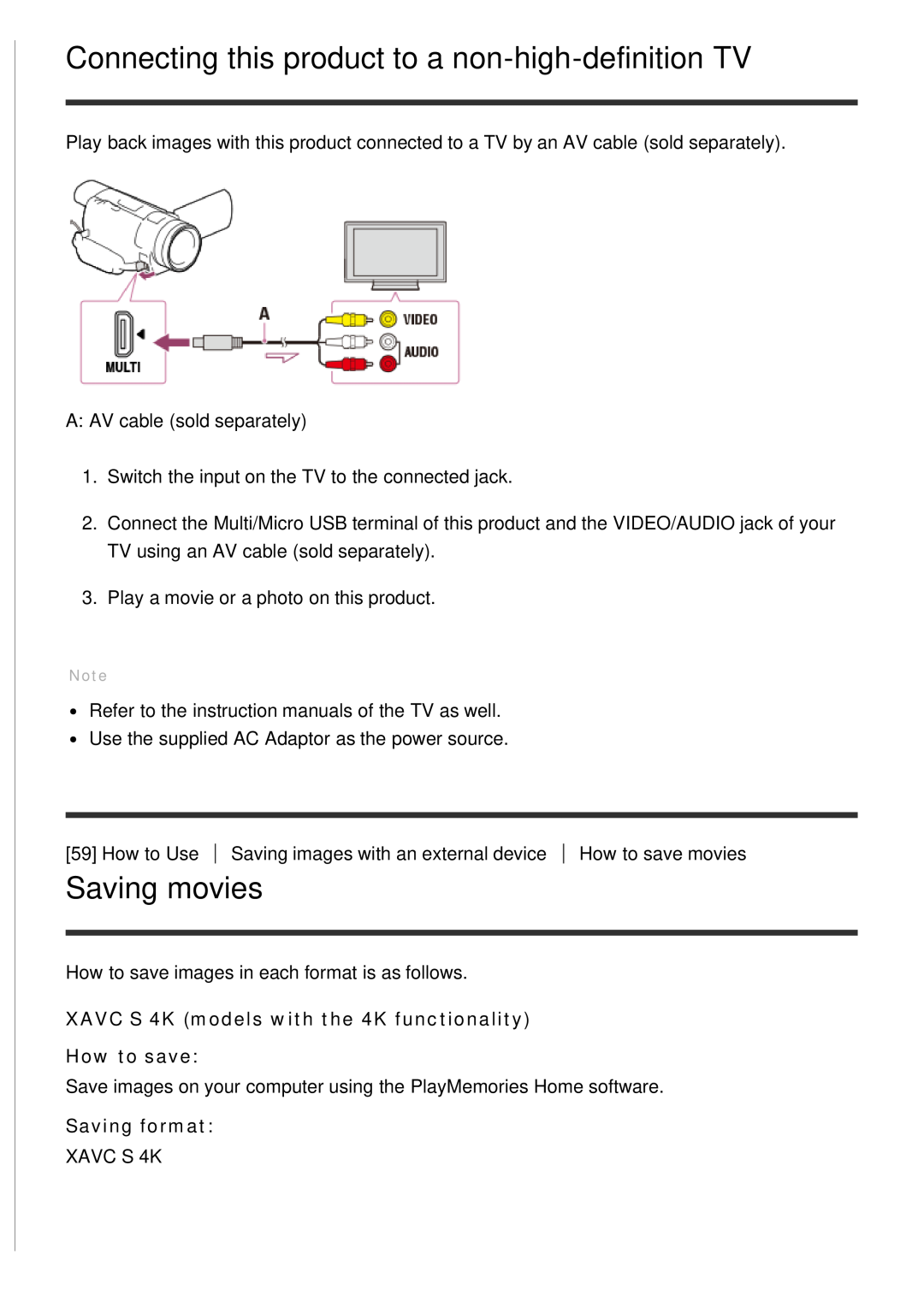 Sony HDR-CX900E, FDR-AX100E manual Connecting this product to a non-high-definition TV, Saving movies, Saving format 