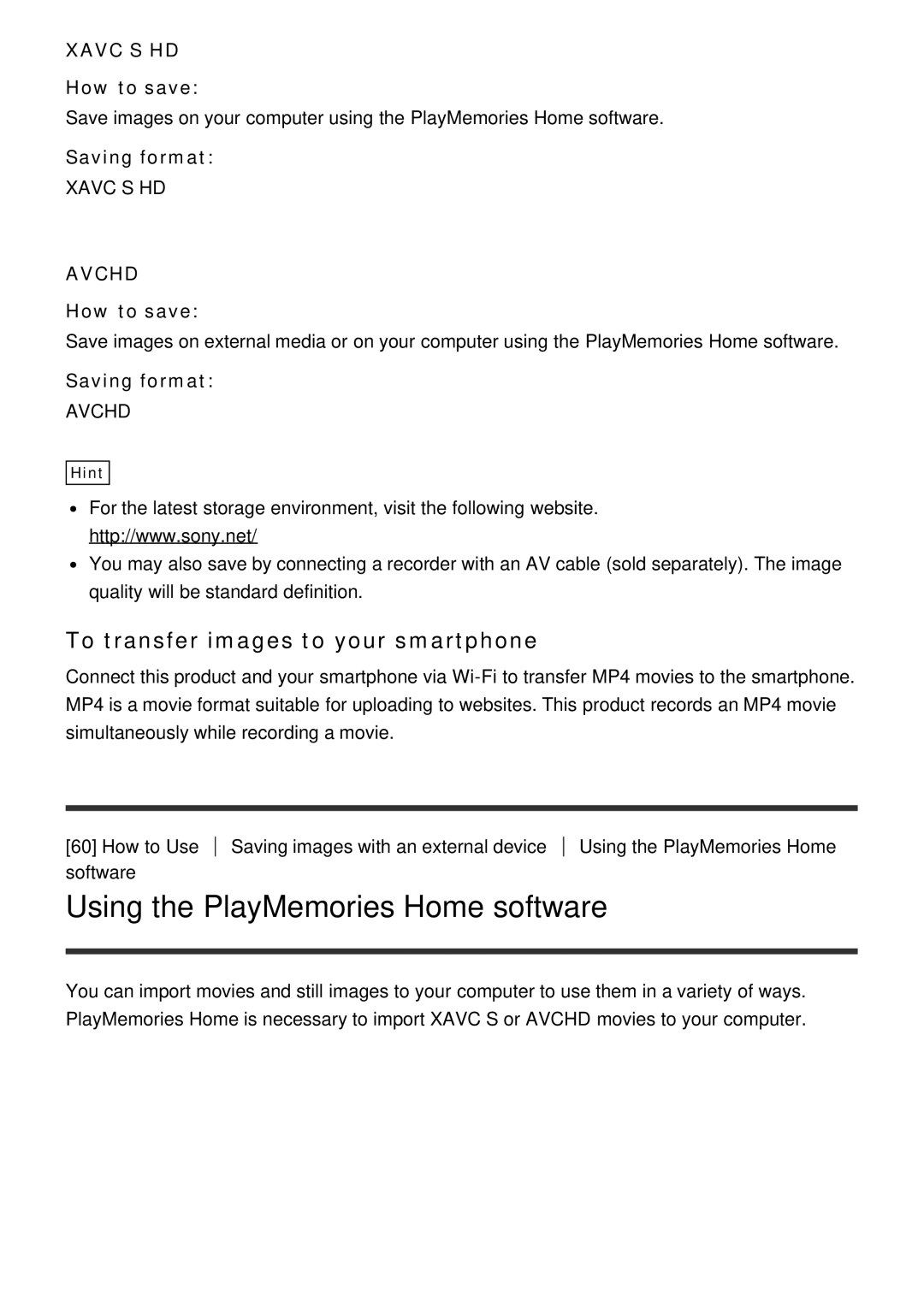 Sony FDR-AX100 manual Using the PlayMemories Home software, To transfer images to your smartphone, XAVC S HD How to save 