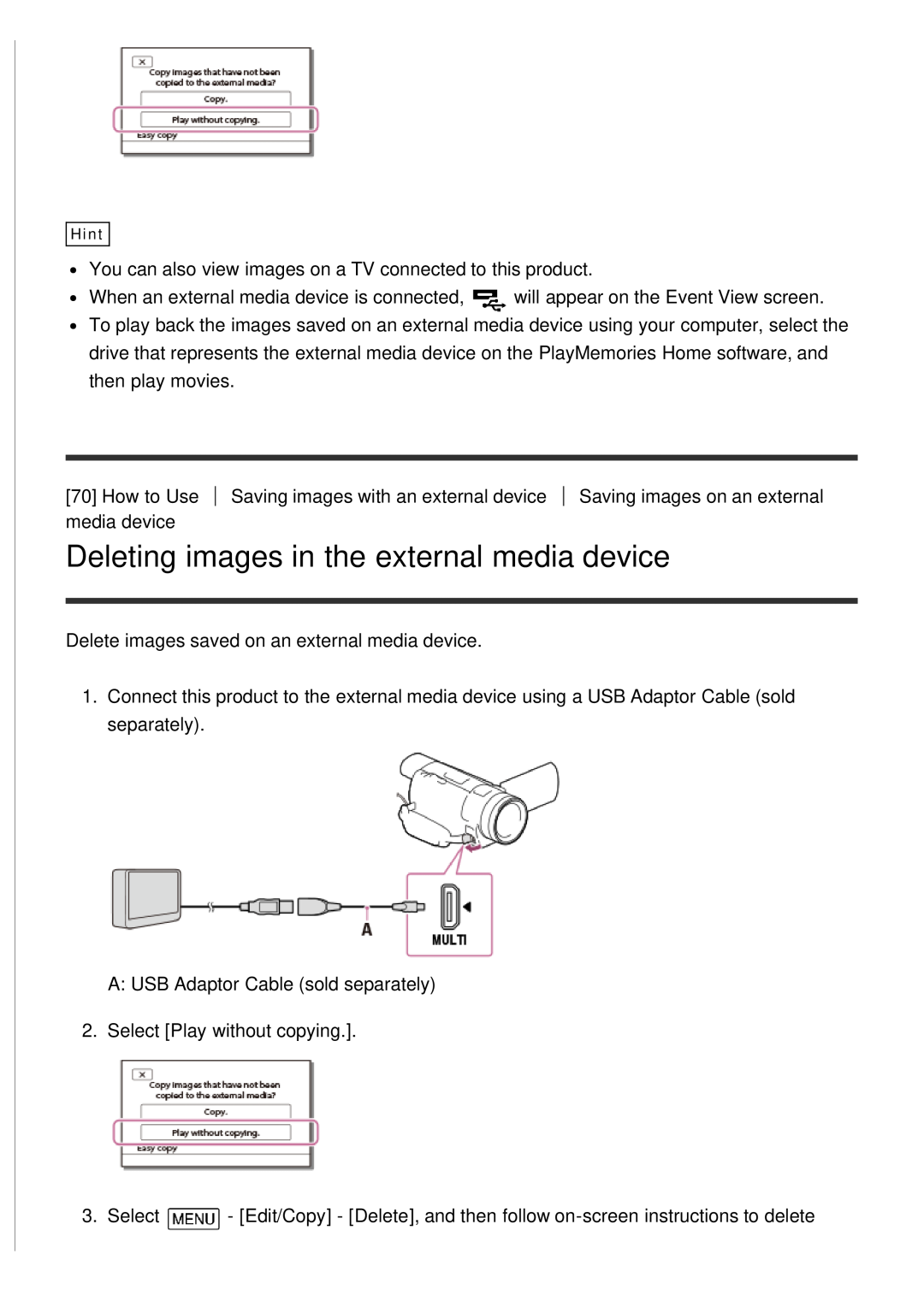 Sony HDR-CX900E, FDR-AX100E manual Deleting images in the external media device 