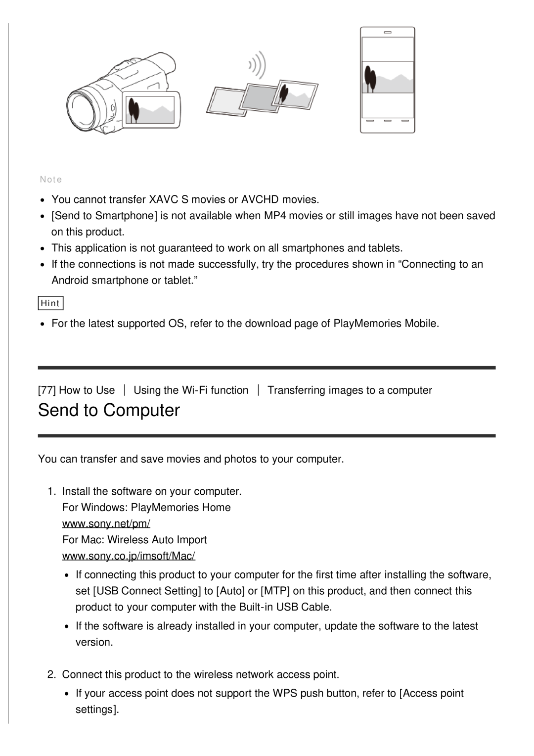 Sony FDR-AX100E, HDR-CX900E manual Send to Computer 