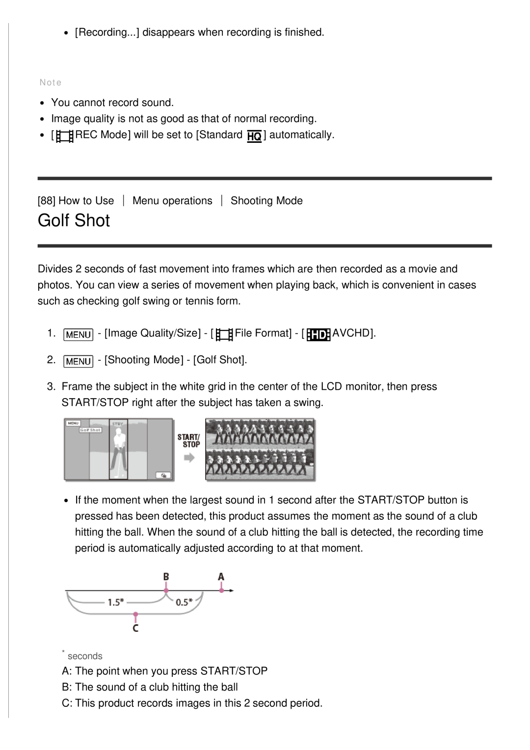 Sony HDR-CX900E, FDR-AX100E manual Golf Shot, seconds 