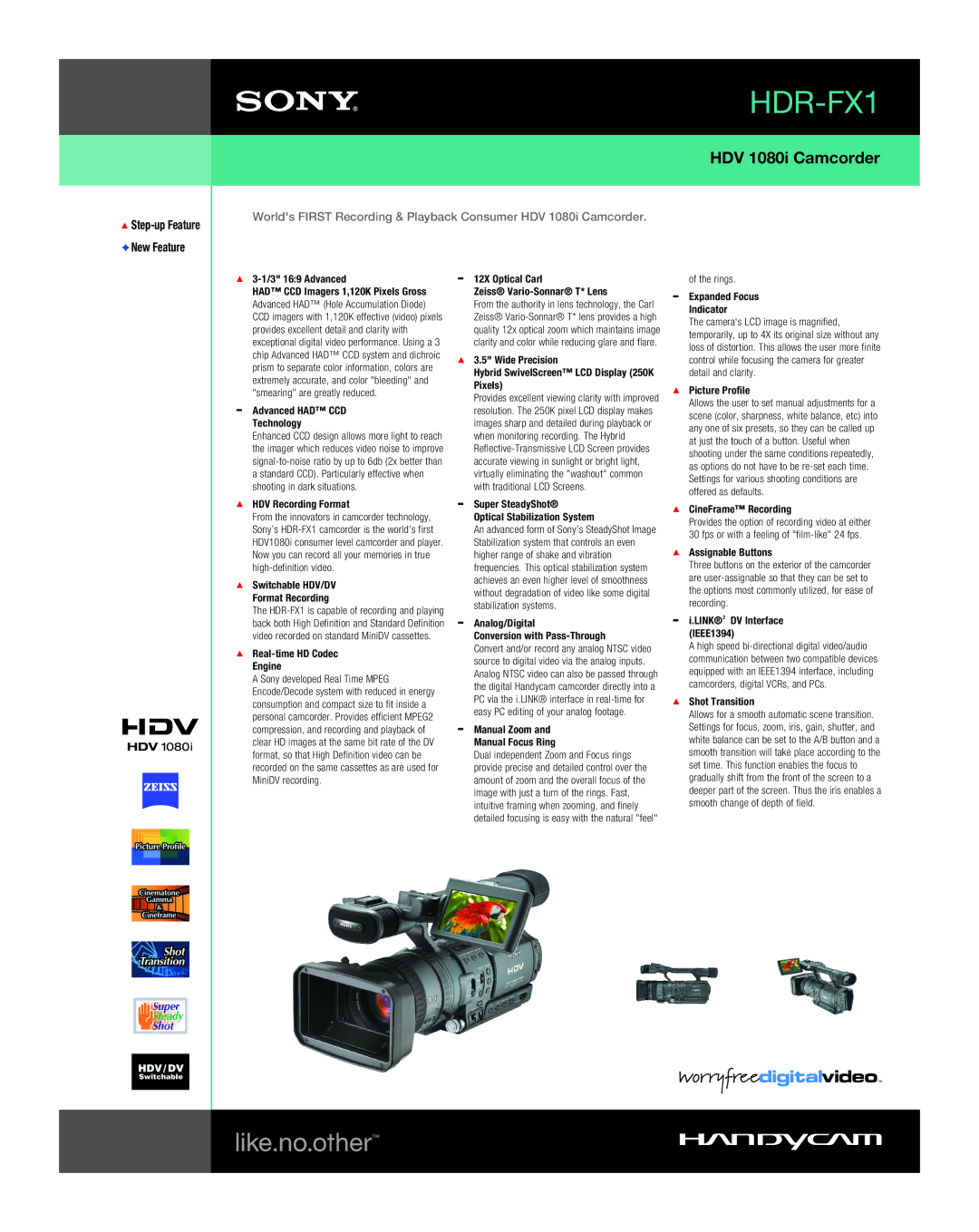 Sony HDR-FX1 manual 3 169 Advanced, Advanced had CCD Technology, HDV Recording Format, Real-time HD Codec Engine 