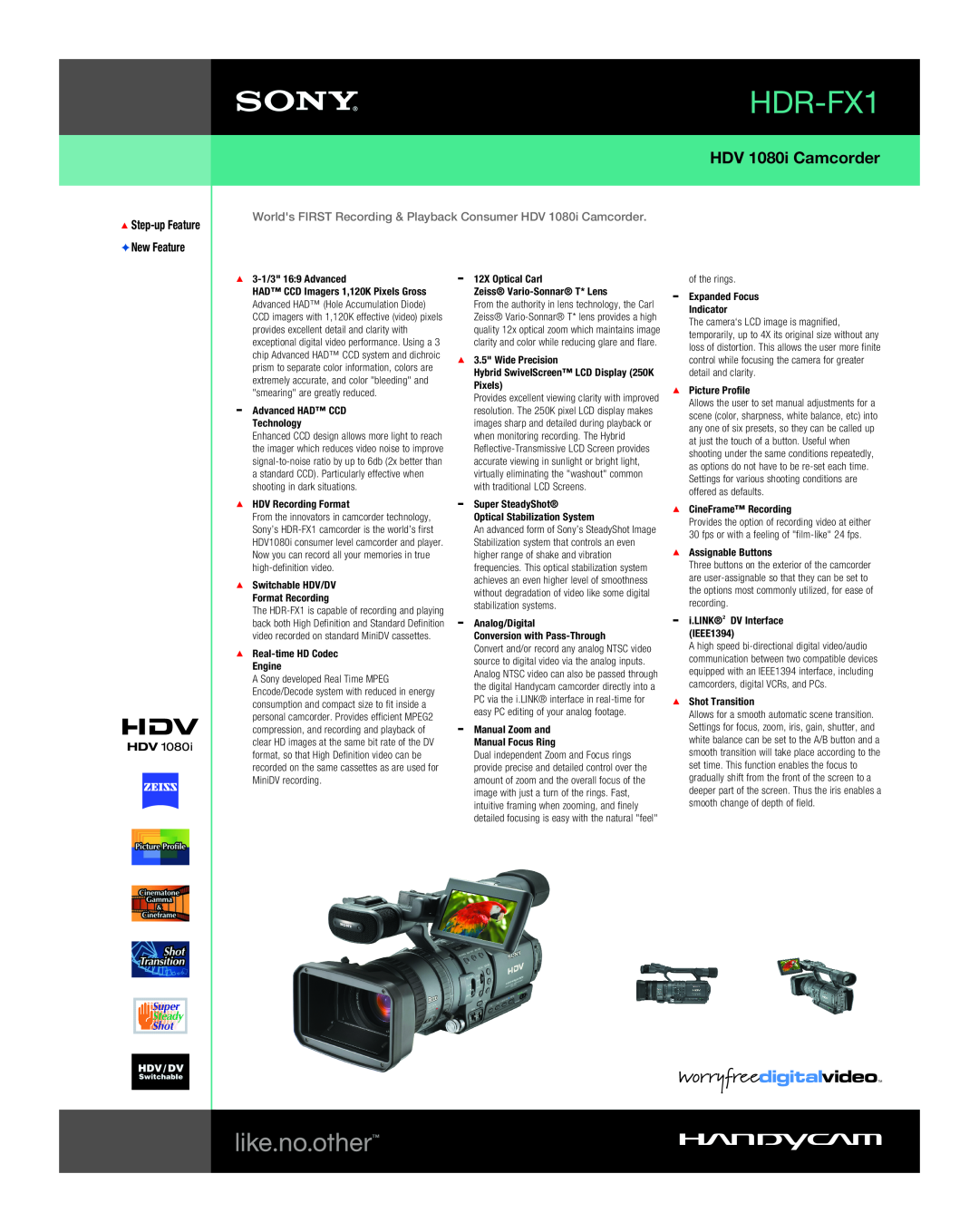 Sony HDR-FX1 manual HDV 1080i Camcorder, Step-up Feature New Feature 