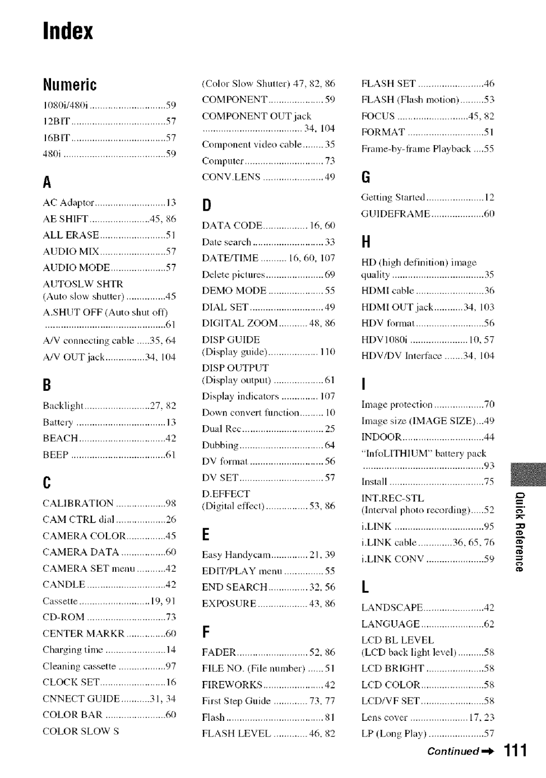 Sony HDR-HC9 manual Index, Numeric 