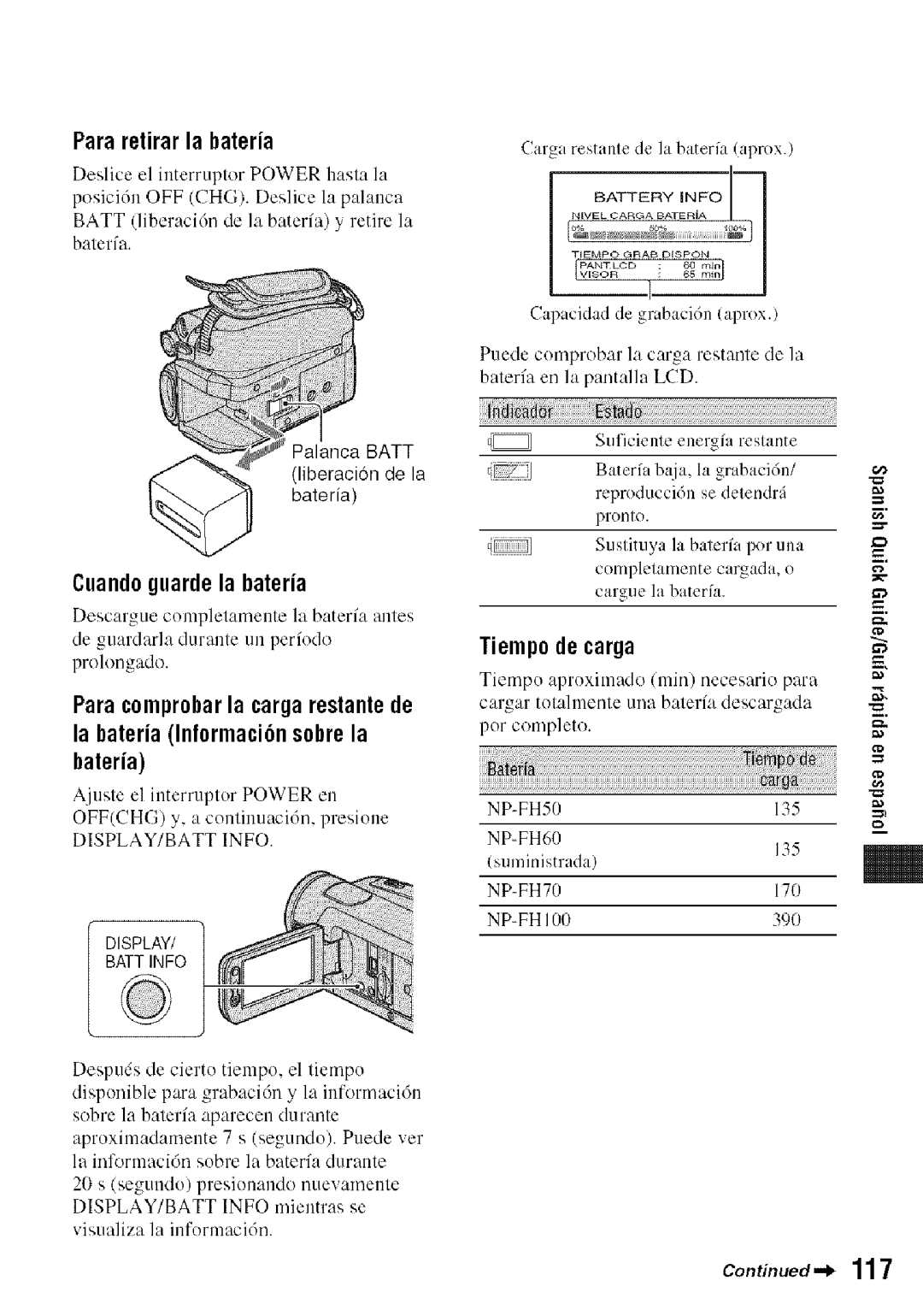 Sony HDR-HC9 manual Pararetirarla bateria, Cuandoguardela bateria, Tiempodecarga, Suslituya la balerfa por una 