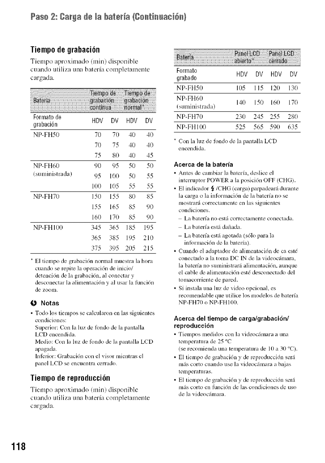 Sony HDR-HC9 manual Paso 2 gar#a de abatea goiuaci6N, Tiempodegrabaci6n, Tiempodereproducci6n, Acerca de la bateria 