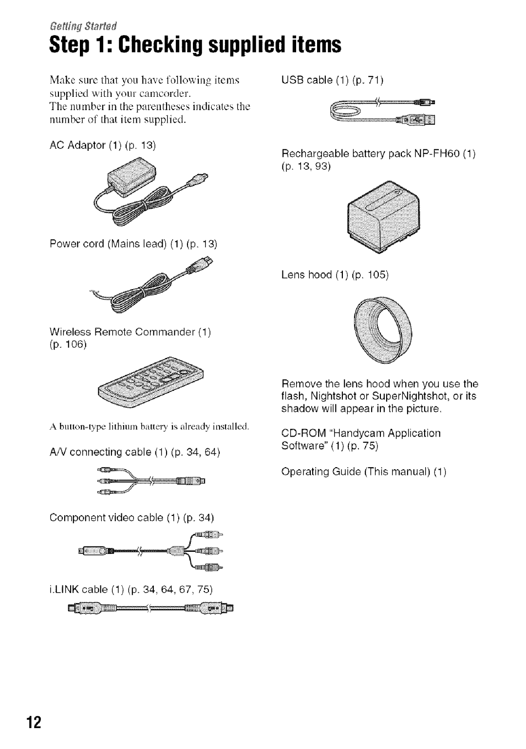 Sony HDR-HC9 manual Checkingsupplieditems 