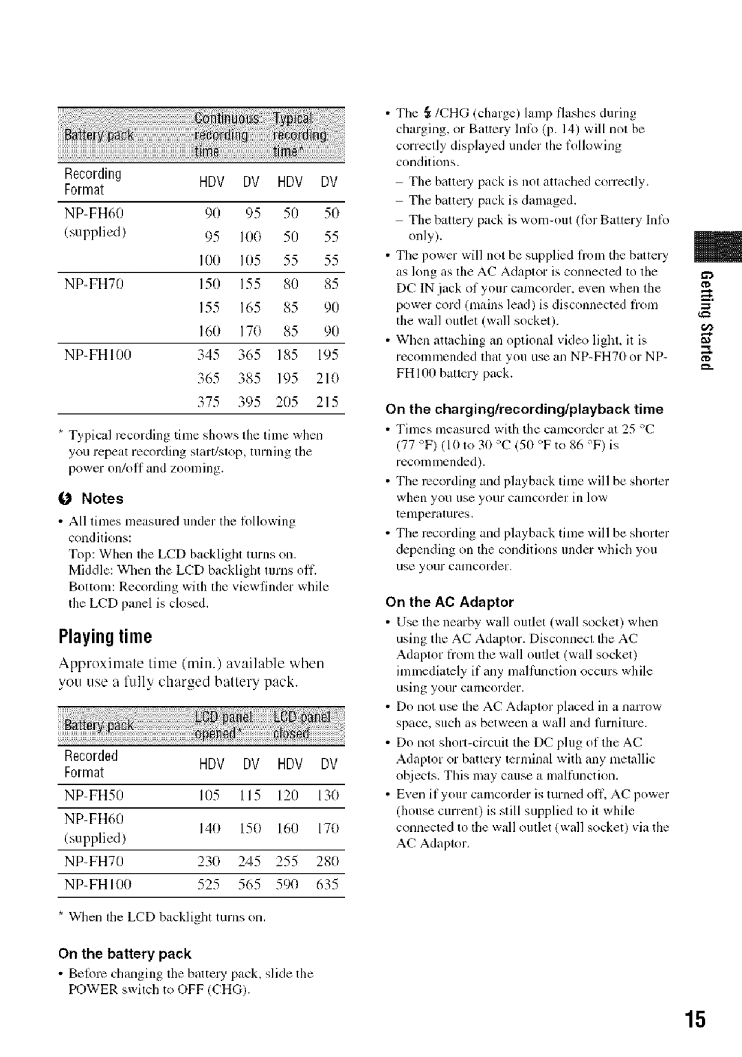 Sony HDR-HC9 manual Playingtime, On the charging/recording/playback time, On the AC Adaptor 