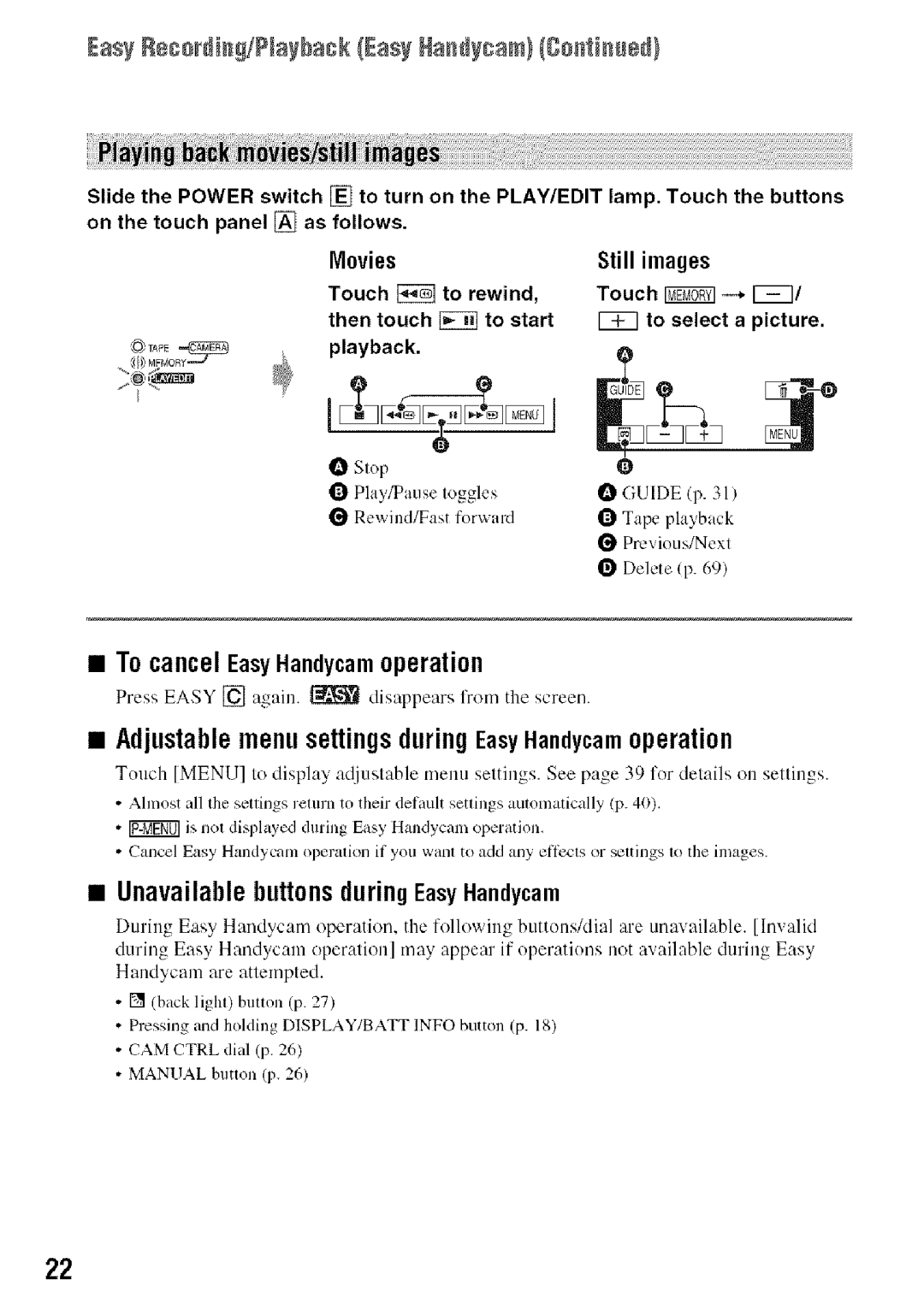 Sony HDR-HC9 manual EasReceNNg/Naback EasHand,cam getiued, To cancel EasyHandycamoperation 