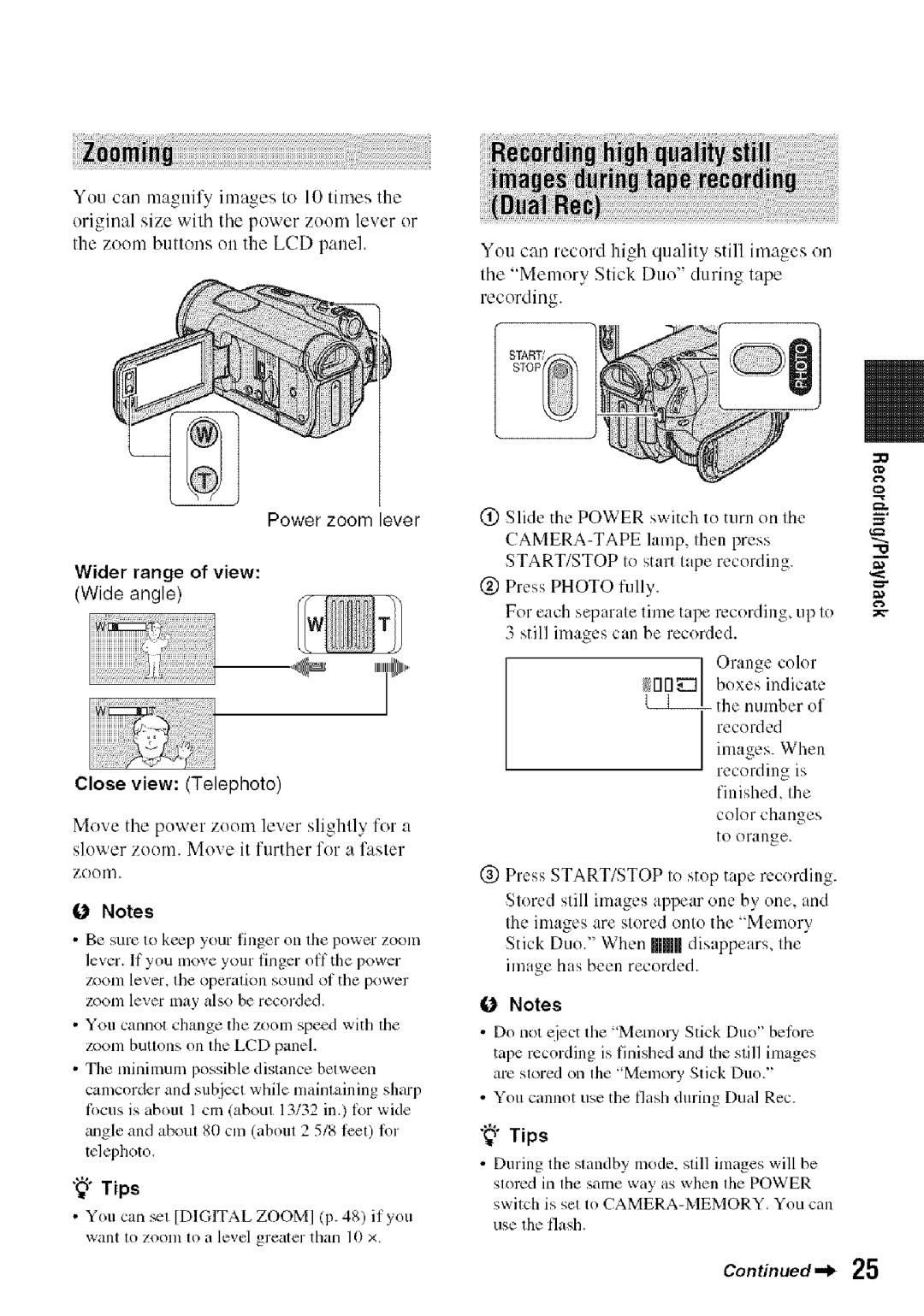 Sony HDR-HC9 manual Power zoom lever Wider range of view Wide angle, Close view Telephoto 