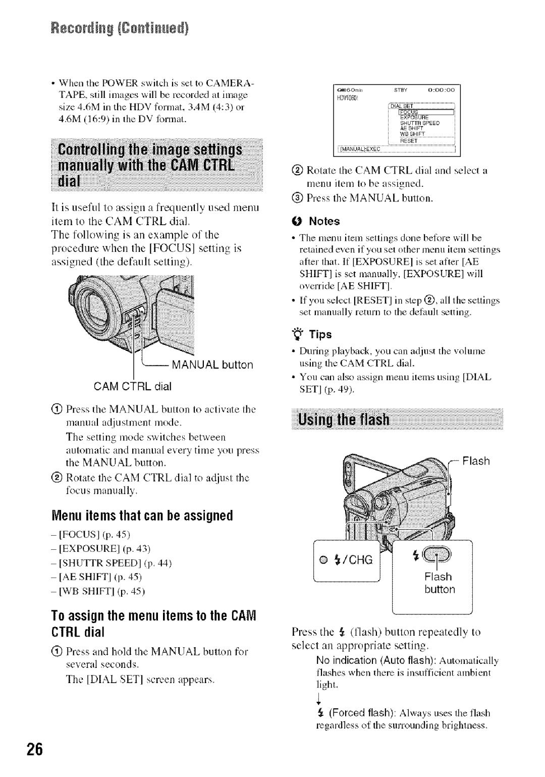 Sony HDR-HC9 CTRLdial, Menu items that can he assigned, To assignthe menu items to the CAM, CAM Ctrl dial, Flash button 