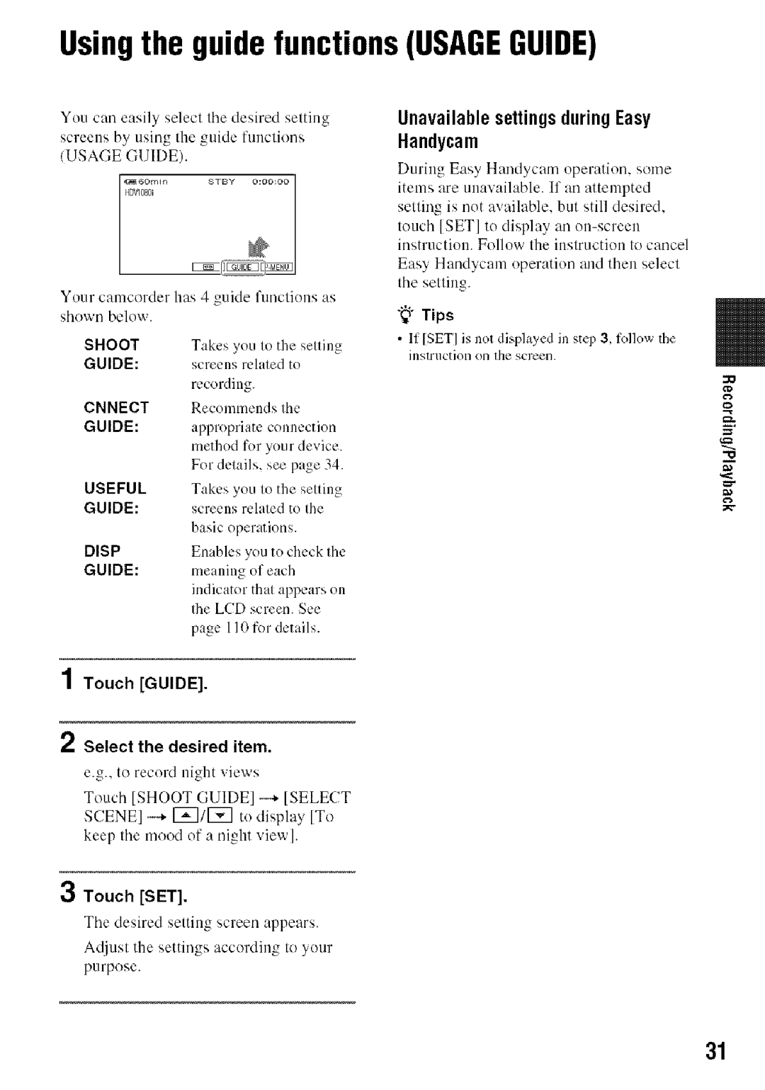 Sony HDR-HC9 manual Usingthe guidefunctionsUSAGEGUIDE, Handycam, Touch Guide Select the desired item 