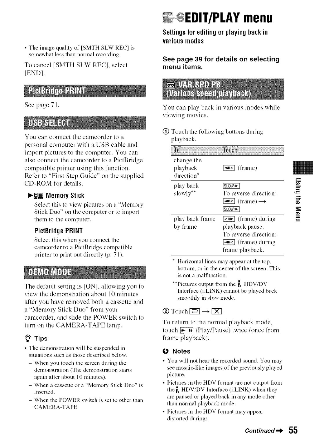 Sony HDR-HC9 manual RgcN, El Nemory Stick, PictBridgePRINT, You can play back in various modes while viewing movies 