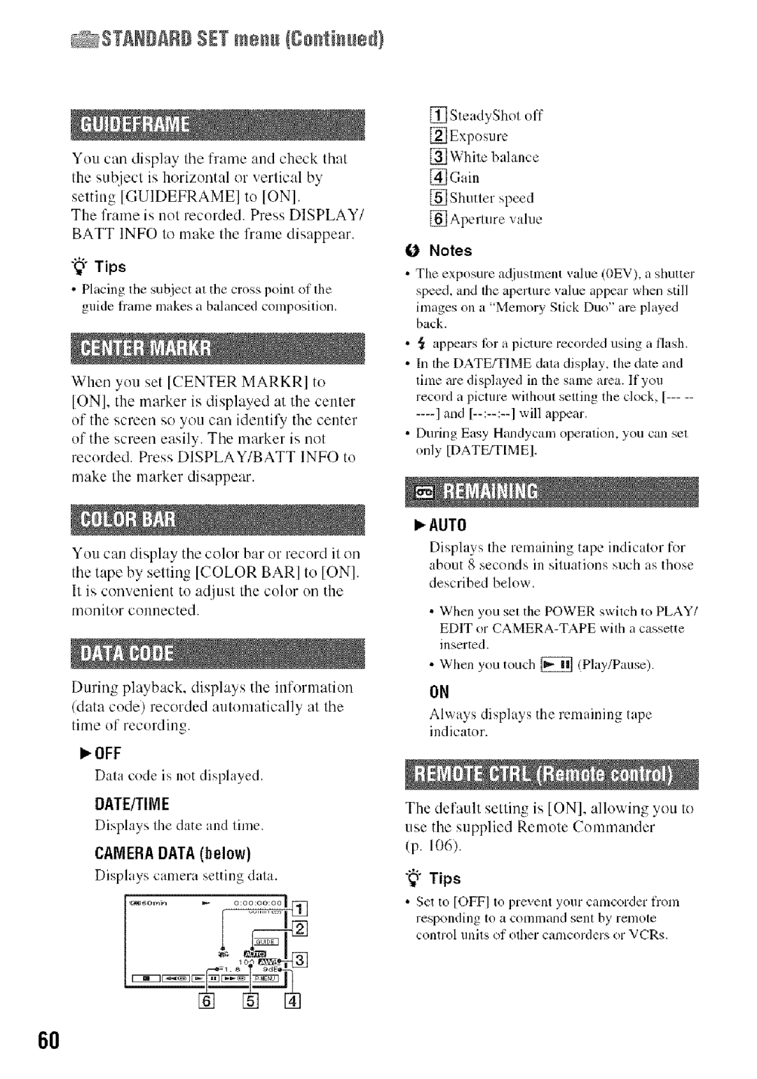 Sony HDR-HC9 manual Standard SETme/gotiue, Camera Data below 