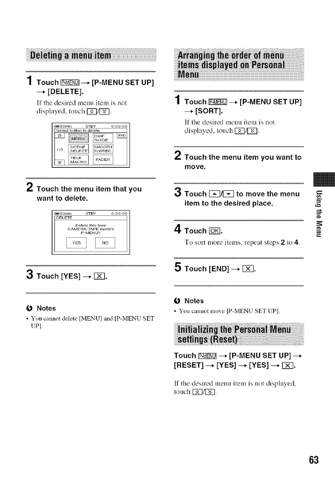 Sony HDR-HC9 manual Touch IFgg--+P-MENU SET UP, Touch YES -+, + Sort, Touch -+ P-MENUSET UP Reset -+ YES -+ YES -+ 